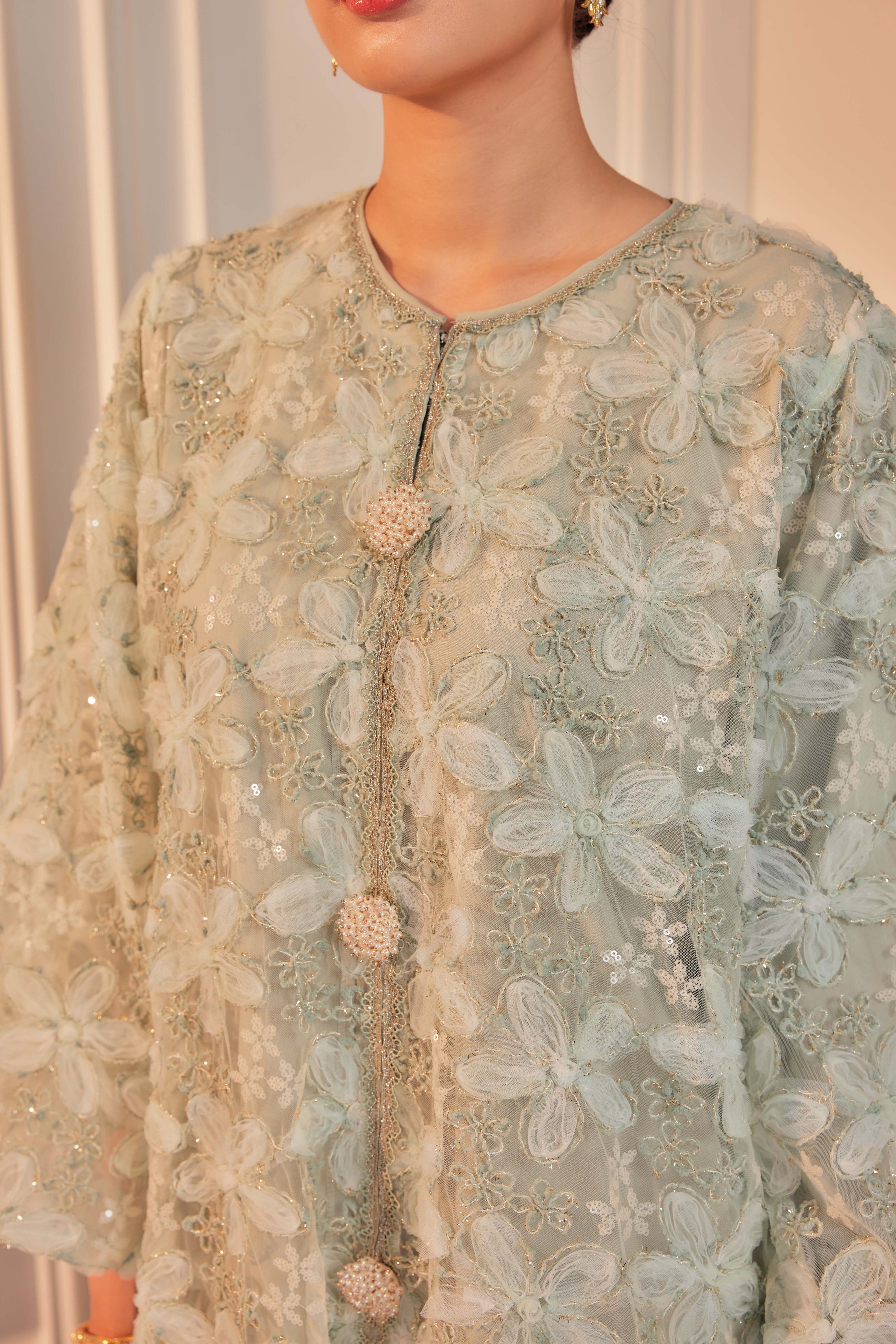 Sage Pandan - Raia Embellished Lace Kurung (Full Lining)