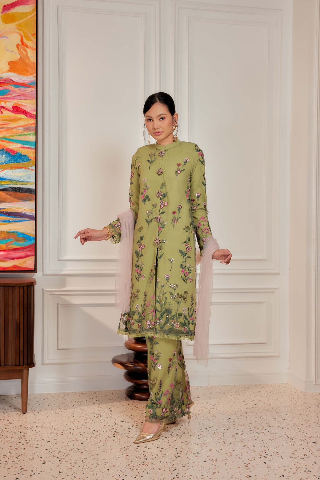 Strawberry Matcha - Dian Embellished Kebarung with Embroidery Lace Trim