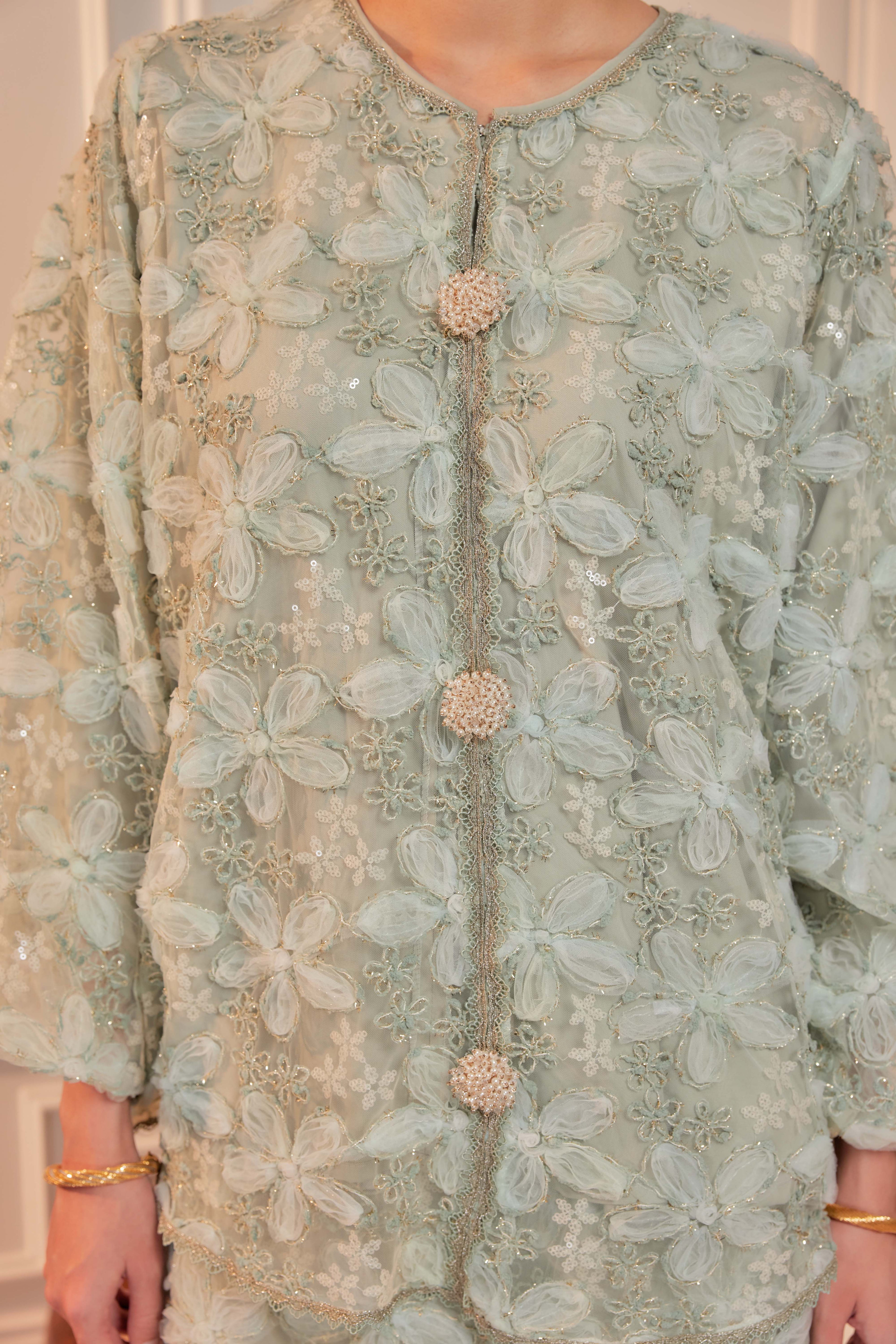 Sage Pandan - Raia Embellished Lace Kurung (Full Lining)