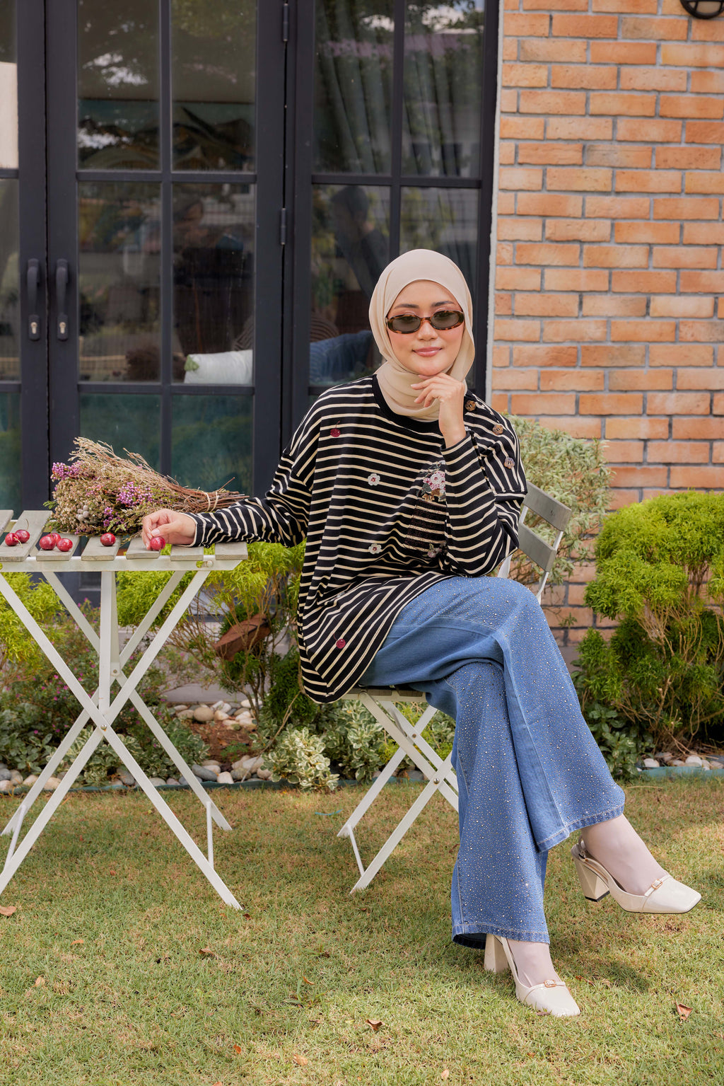 [PREORDER] Fleuriste Embroidered Cotton Tee with Signature Buttons — Black Ivory Stripes