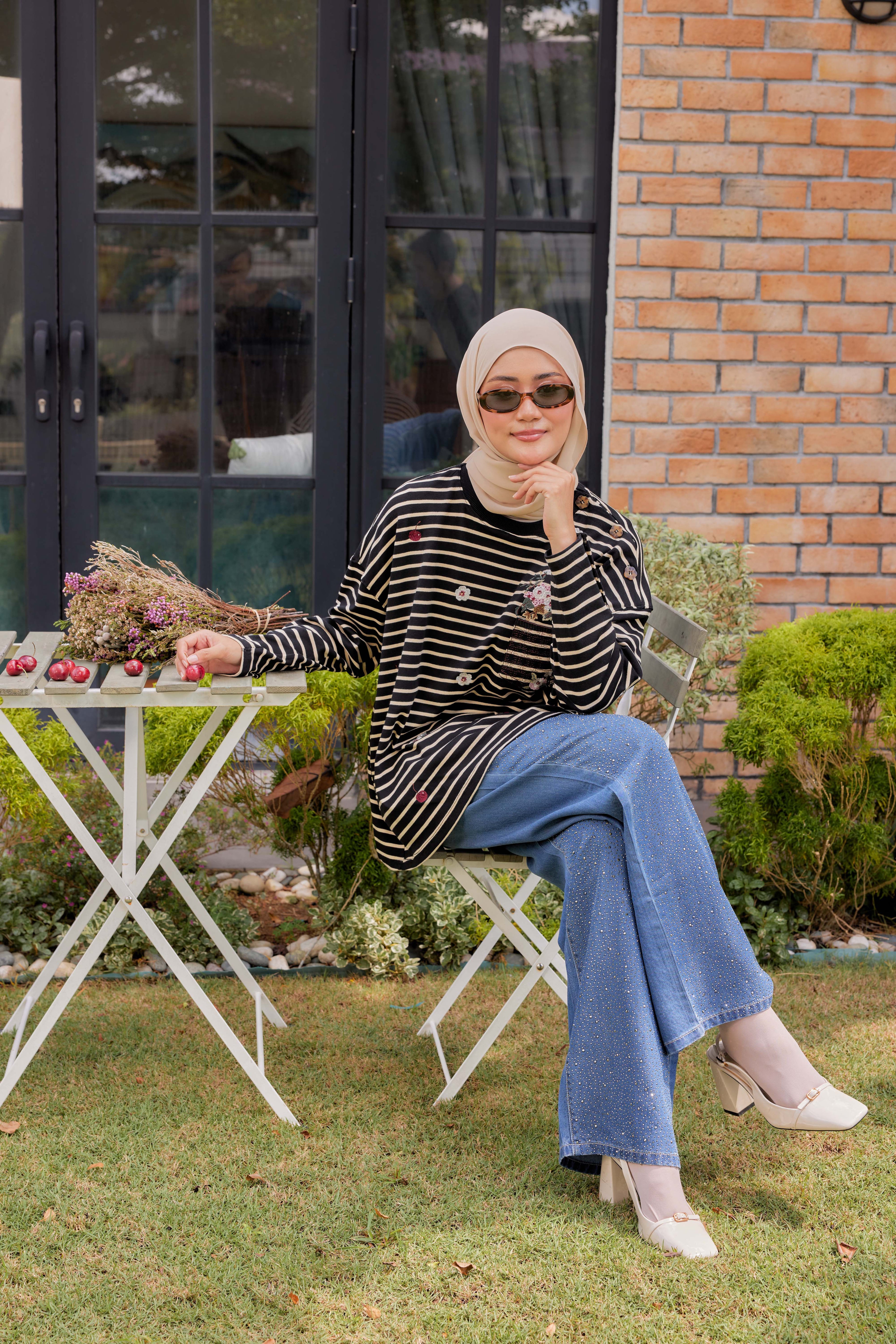 [PREORDER] Fleuriste Embroidered Cotton Tee with Signature Buttons — Black Ivory Stripes