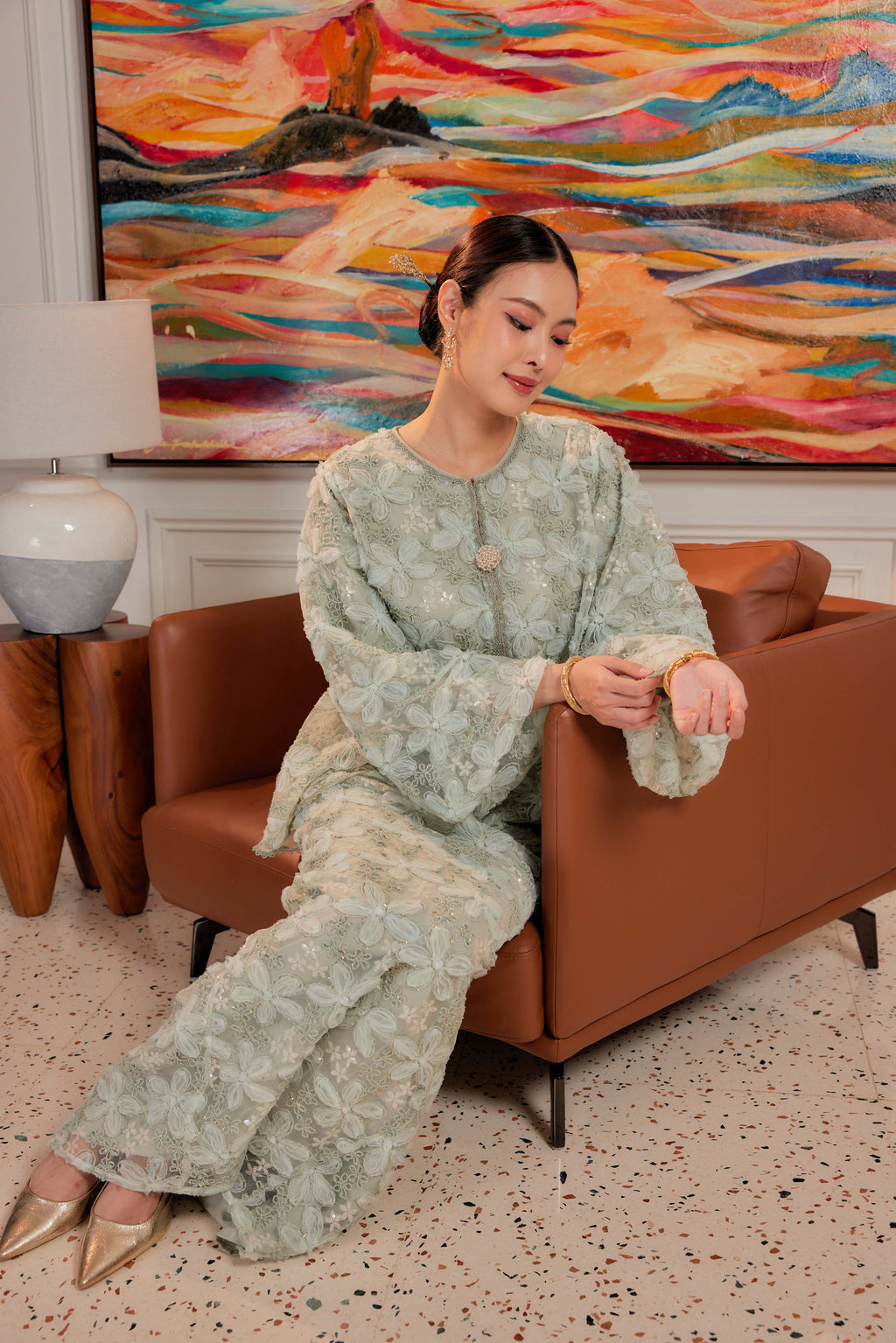 Sage Pandan - Raia Embellished Lace Kurung (Full Lining)