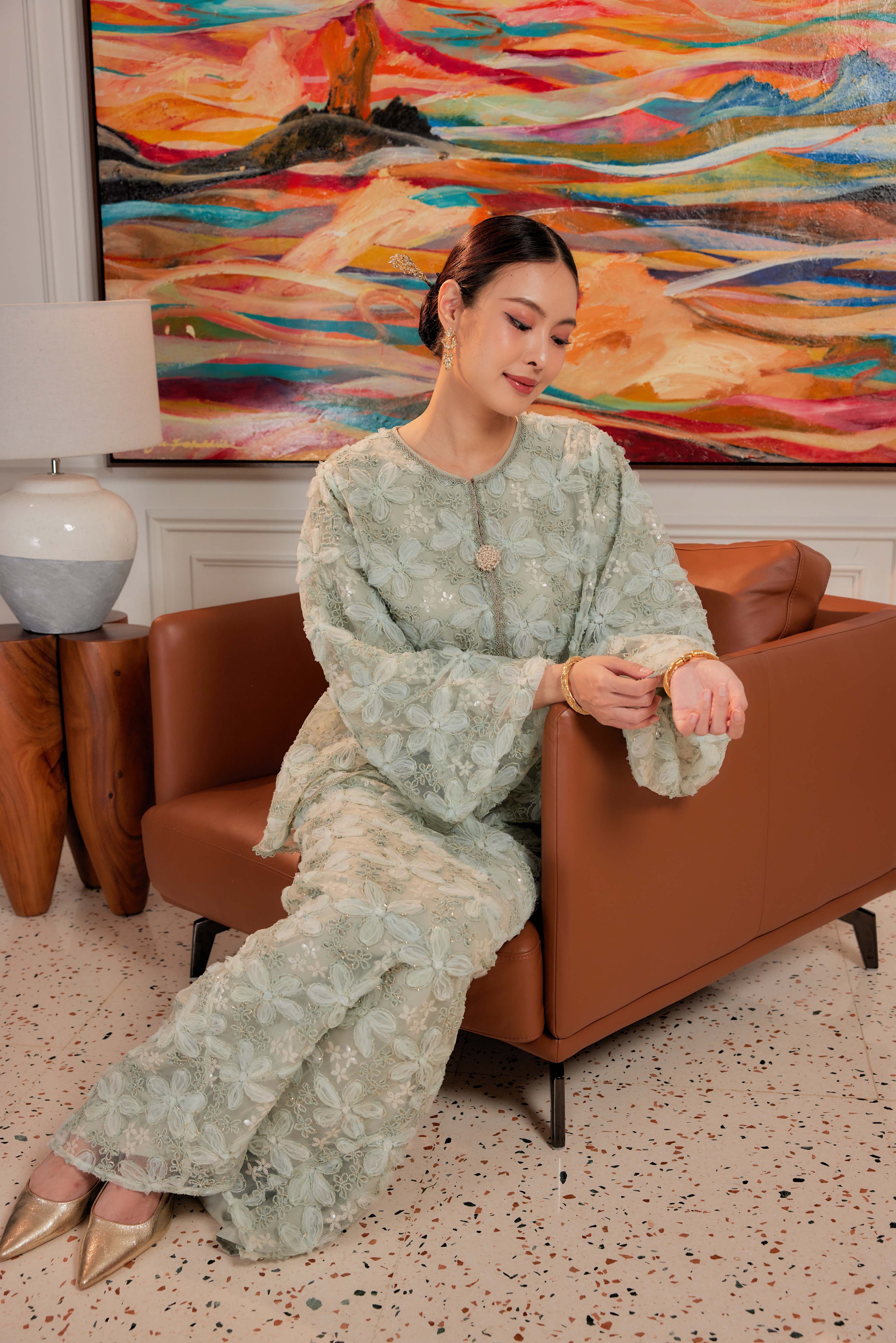 Sage Pandan - Raia Embellished Lace Kurung (Full Lining)