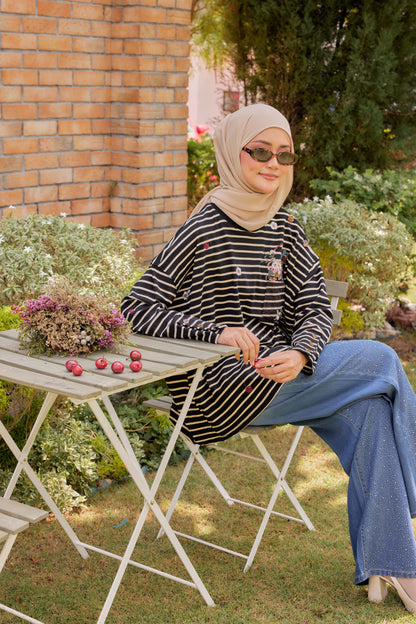 [PREORDER] Fleuriste Embroidered Cotton Tee with Signature Buttons — Black Ivory Stripes