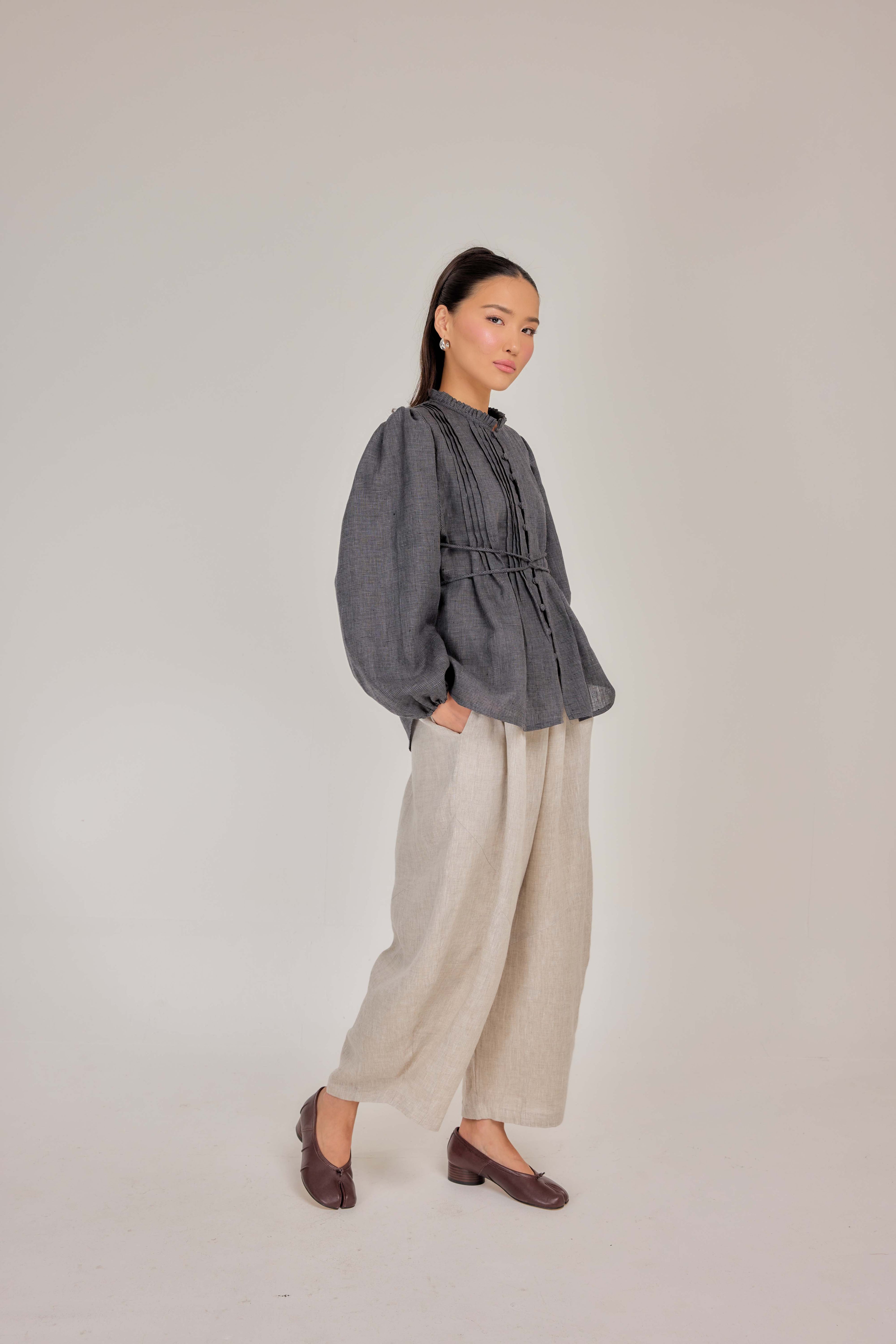 03 - The Daydream Tie-Waist in Tahitian Pearl Micro-Check Weave Pure Linen Top