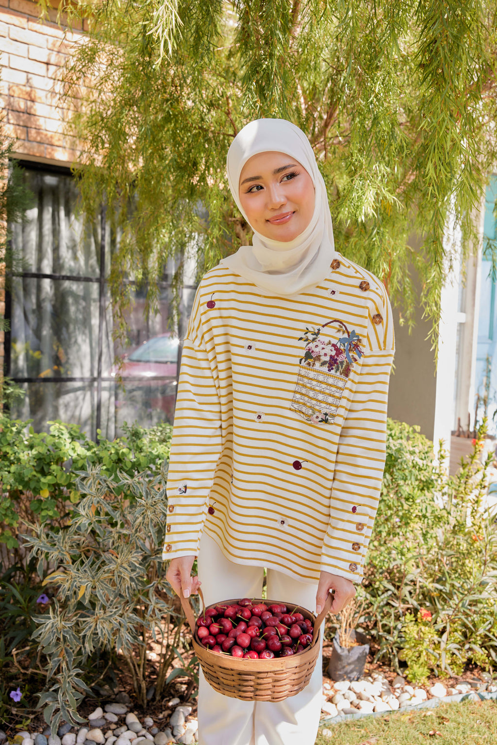 [PREORDER] Fleuriste Embroidered Cotton Tee with Signature Buttons — Butter Yellow Stripes