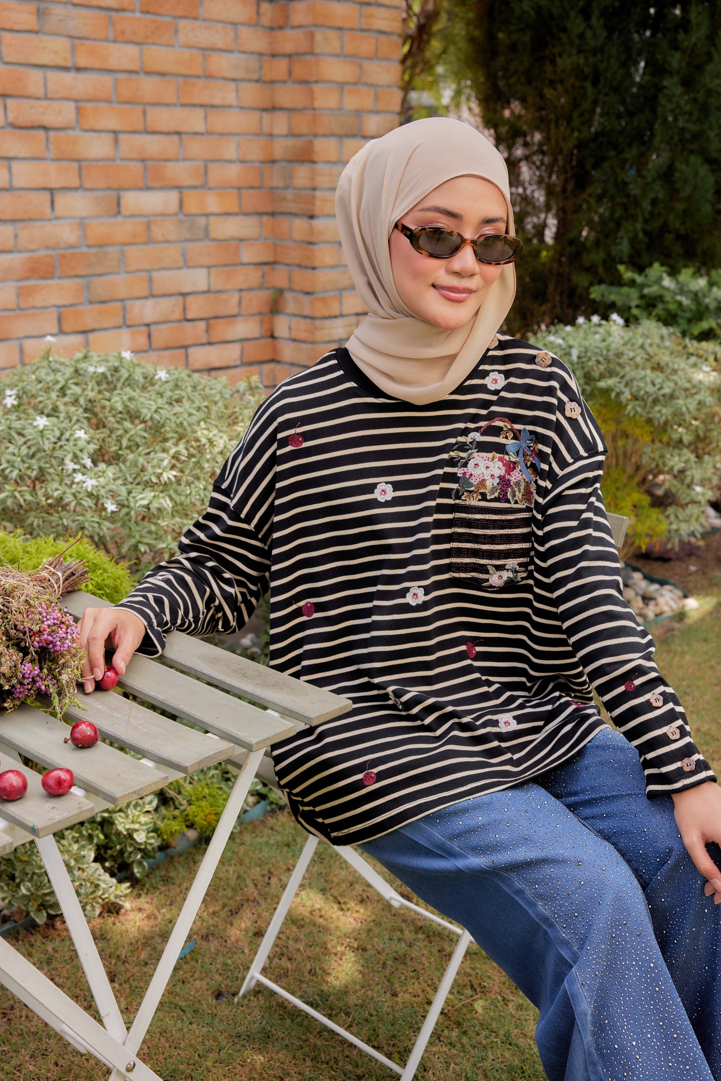 [PREORDER] Fleuriste Embroidered Cotton Tee with Signature Buttons — Black Ivory Stripes