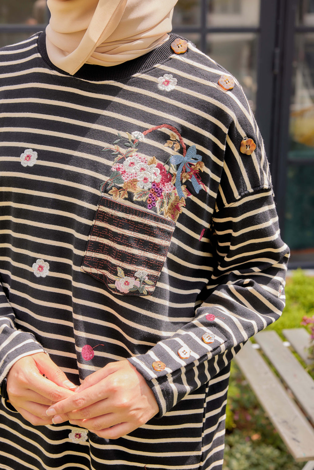 [PREORDER] Fleuriste Embroidered Cotton Tee with Signature Buttons — Black Ivory Stripes