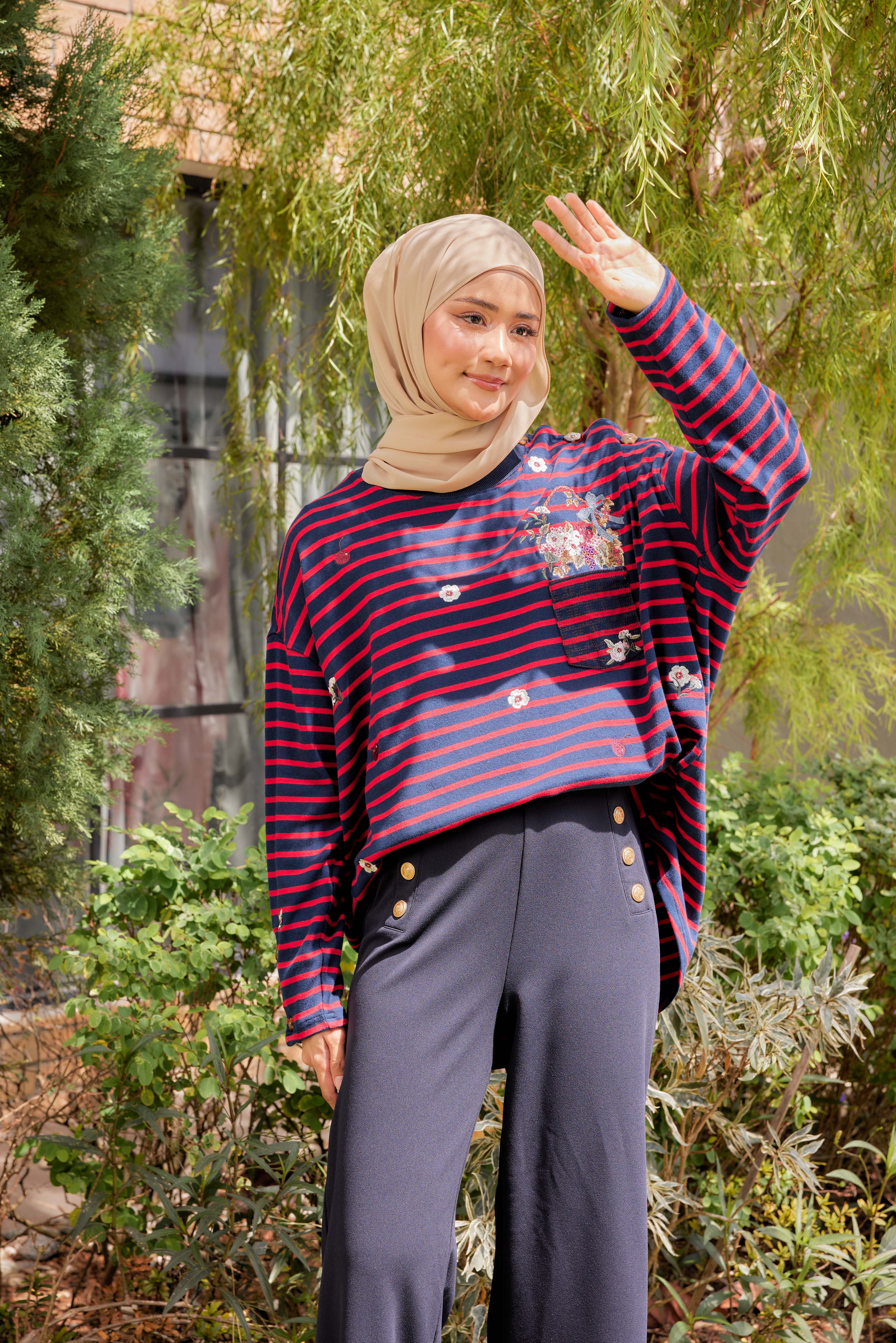 [PREORDER] Fleuriste Embroidered Cotton Tee with Signature Buttons — Midnight Cherry Stripes