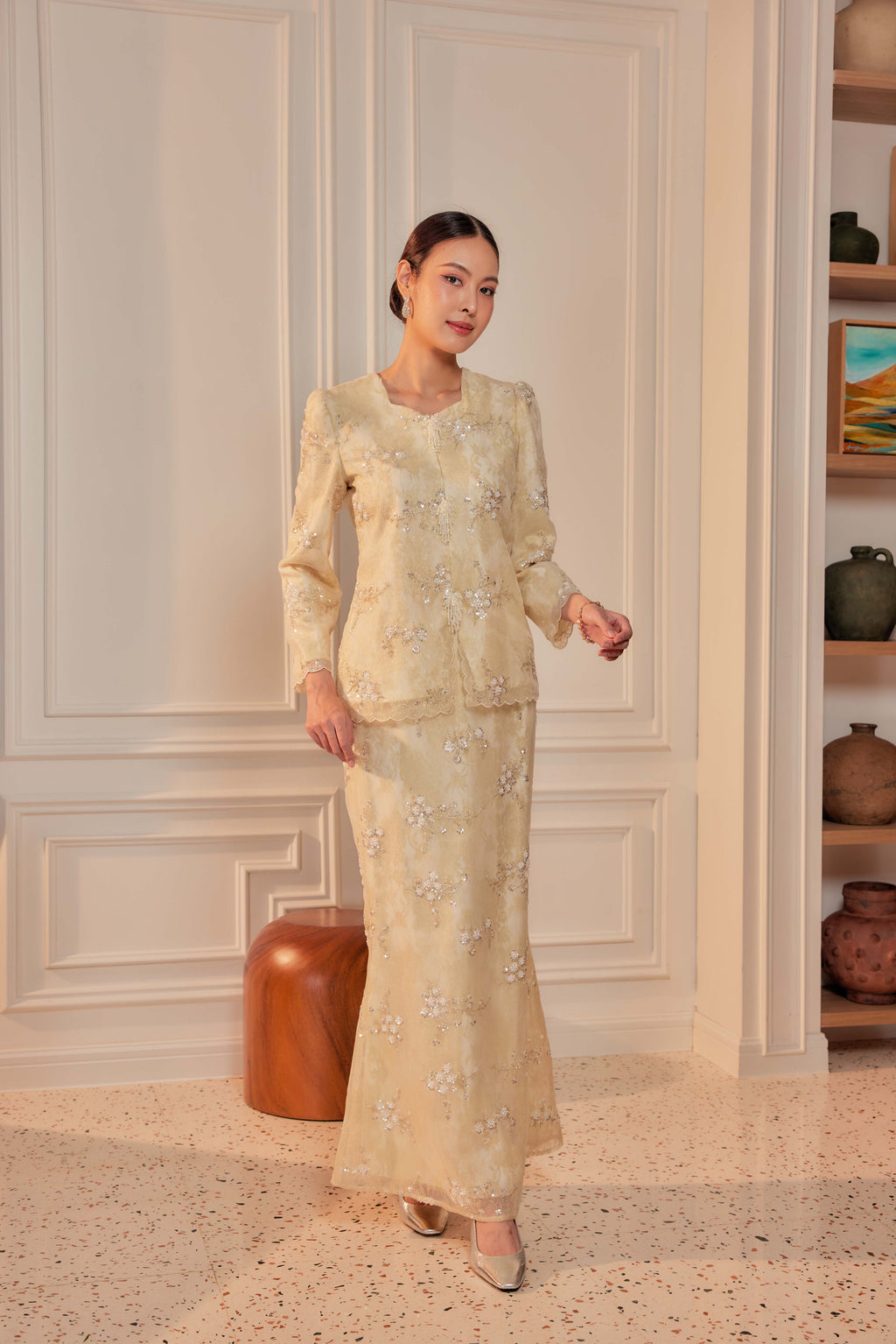 Champagne - Alaia Beaded Lace Kurung With Set of 3 Pearl Brooch (Fully Lined)