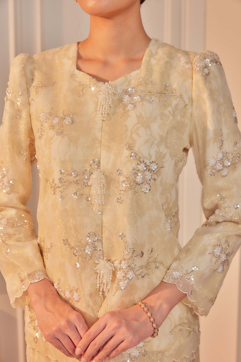 Champagne - Alaia Beaded Lace Kurung With Set of 3 Pearl Brooch (Fully Lined)