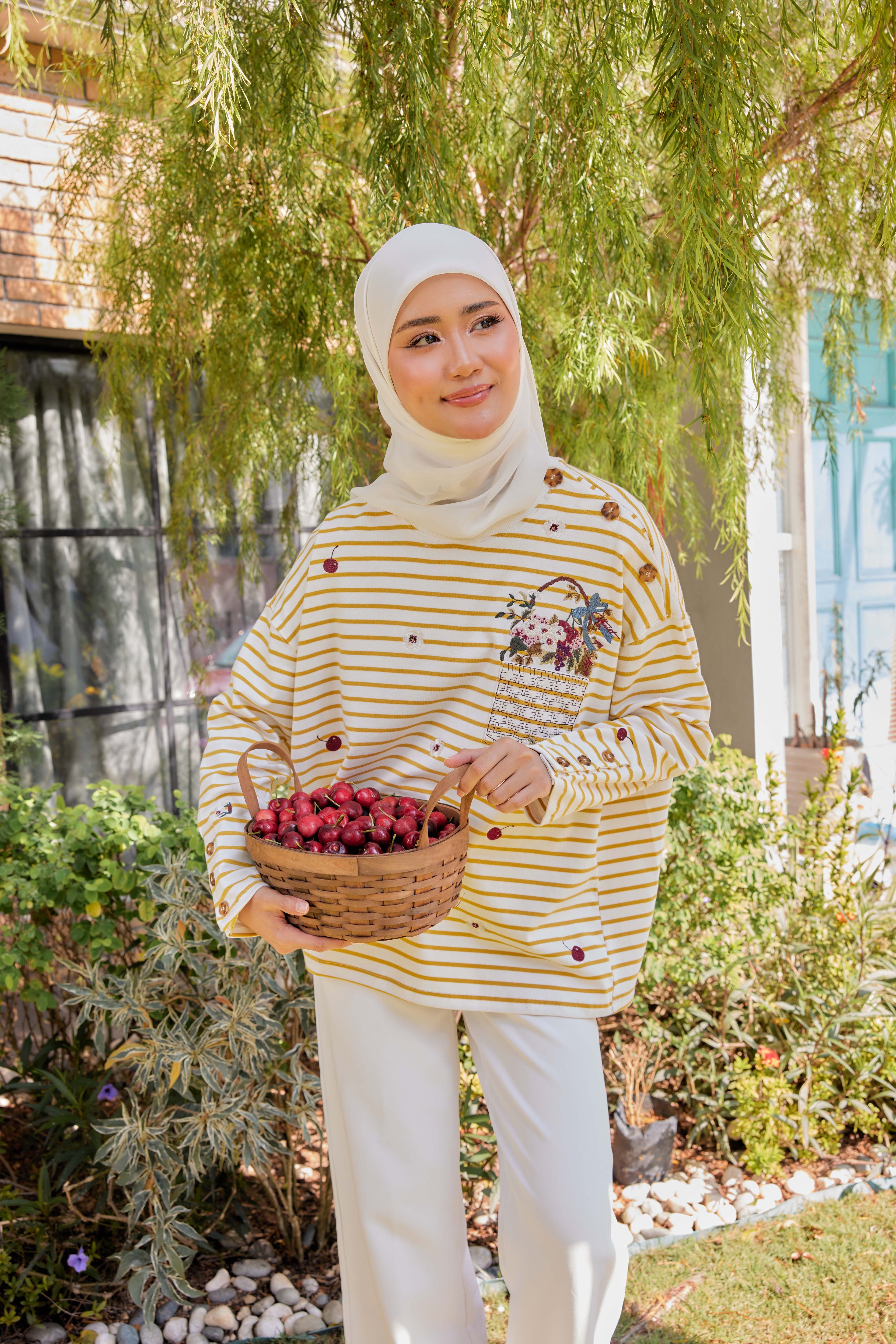 [PREORDER] Fleuriste Embroidered Cotton Tee with Signature Buttons — Butter Yellow Stripes