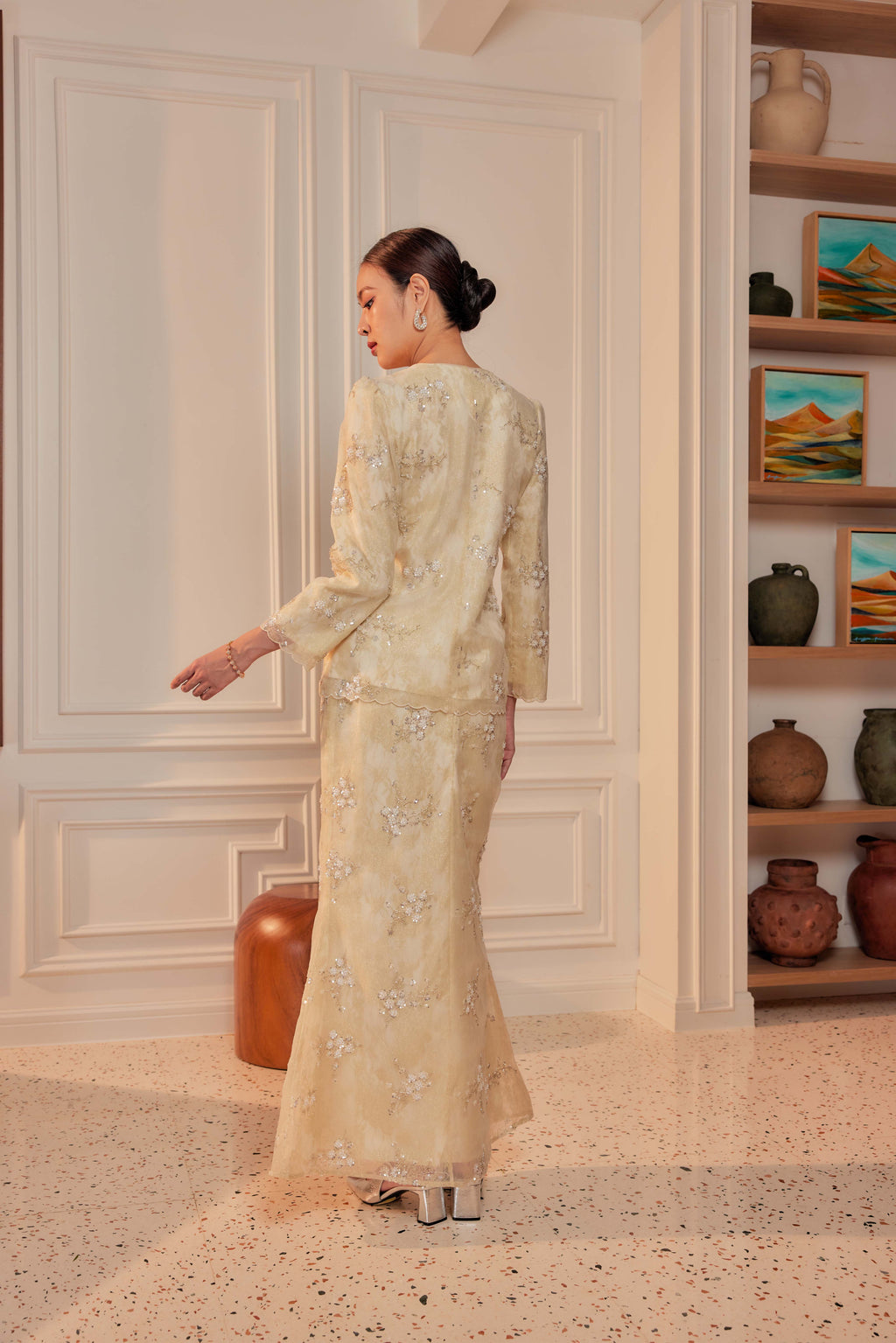 Champagne - Alaia Beaded Lace Kurung With Set of 3 Pearl Brooch (Fully Lined)