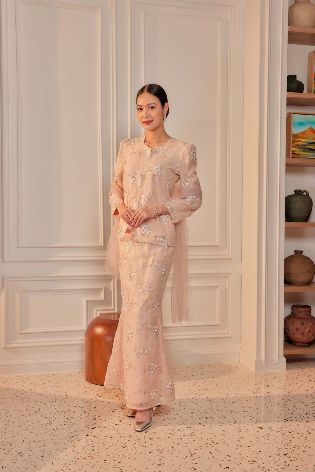 Ballerina Pink - Alaia Beaded Lace Kurung With Set of 3 Pearl Brooch (Fully Lined)