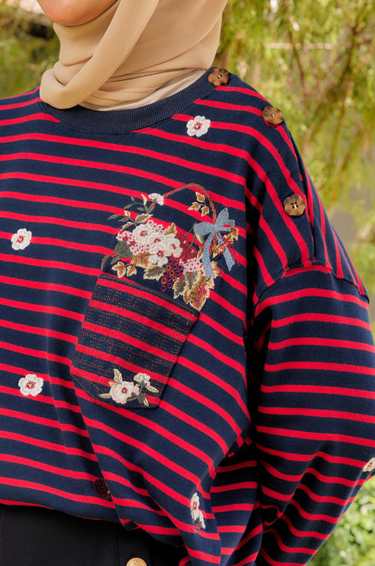 [PREORDER] Fleuriste Embroidered Cotton Tee with Signature Buttons — Midnight Cherry Stripes
