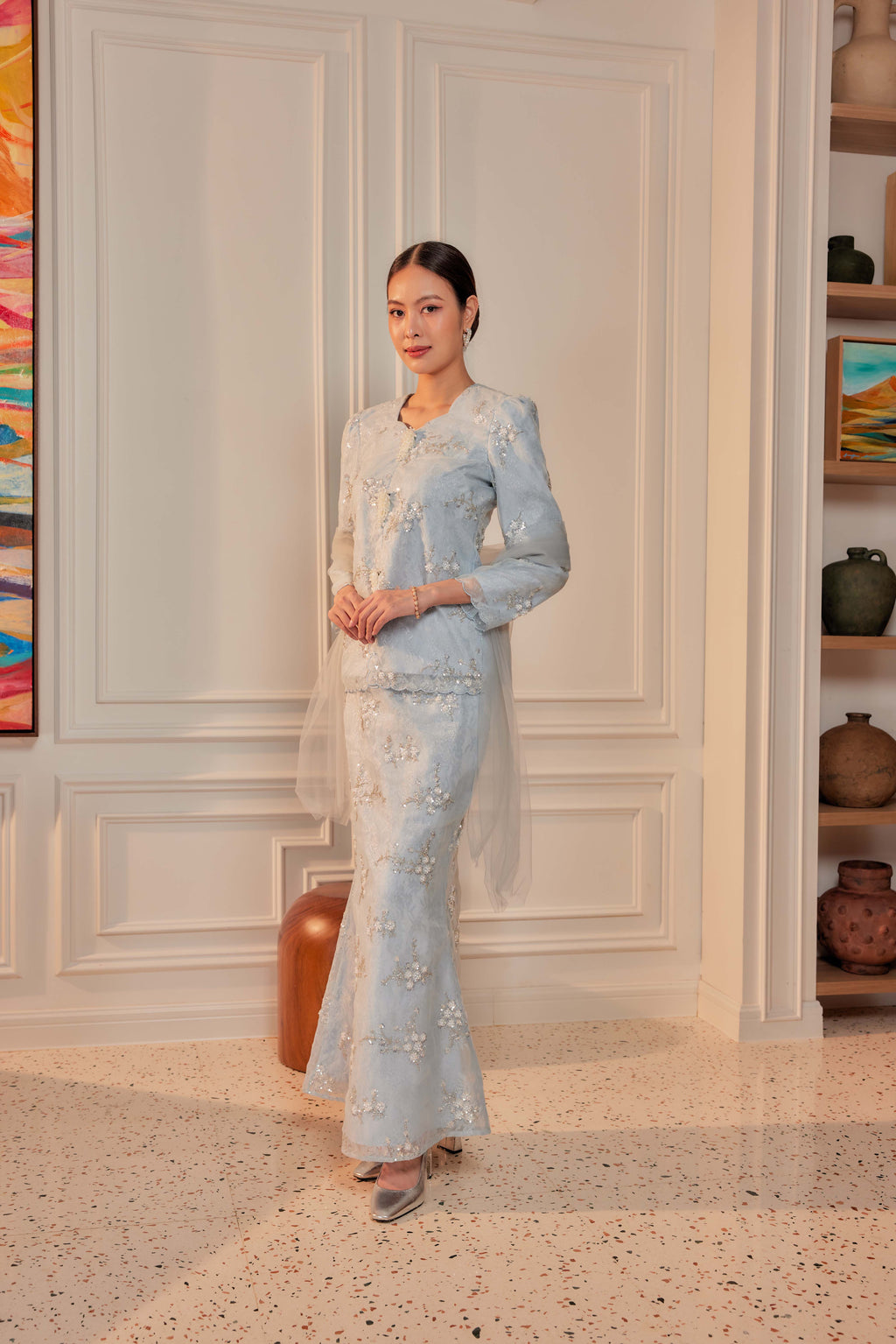 Ash Blue - Alaia Beaded Lace Kurung With Set of 3 Pearl Brooch (Fully Lined)