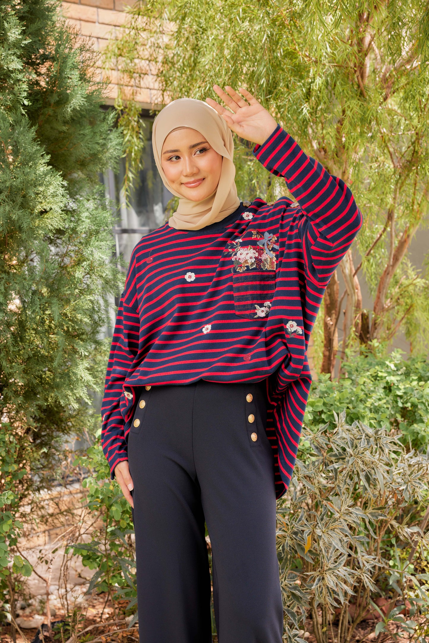[PREORDER] Fleuriste Embroidered Cotton Tee with Signature Buttons — Midnight Cherry Stripes