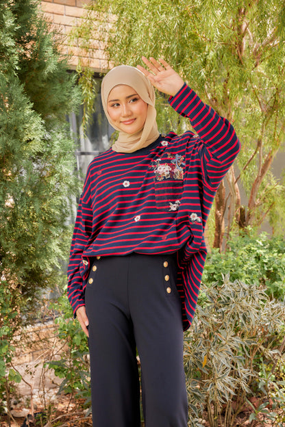 [PREORDER] Fleuriste Embroidered Cotton Tee with Signature Buttons — Midnight Cherry Stripes