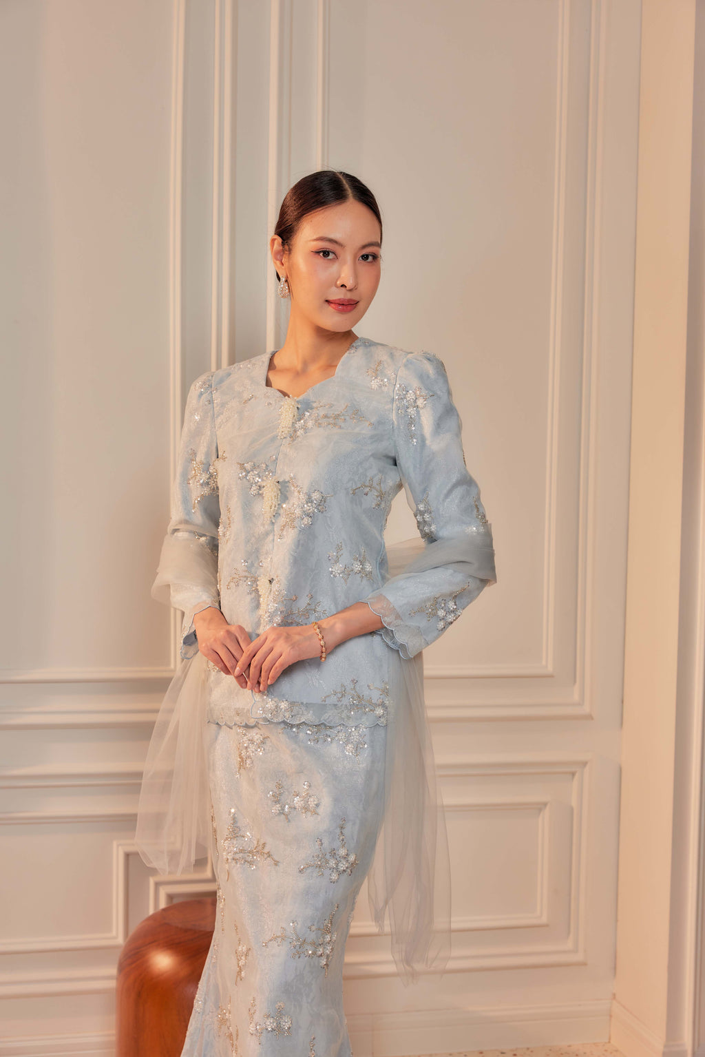 Ash Blue - Alaia Beaded Lace Kurung With Set of 3 Pearl Brooch (Fully Lined)