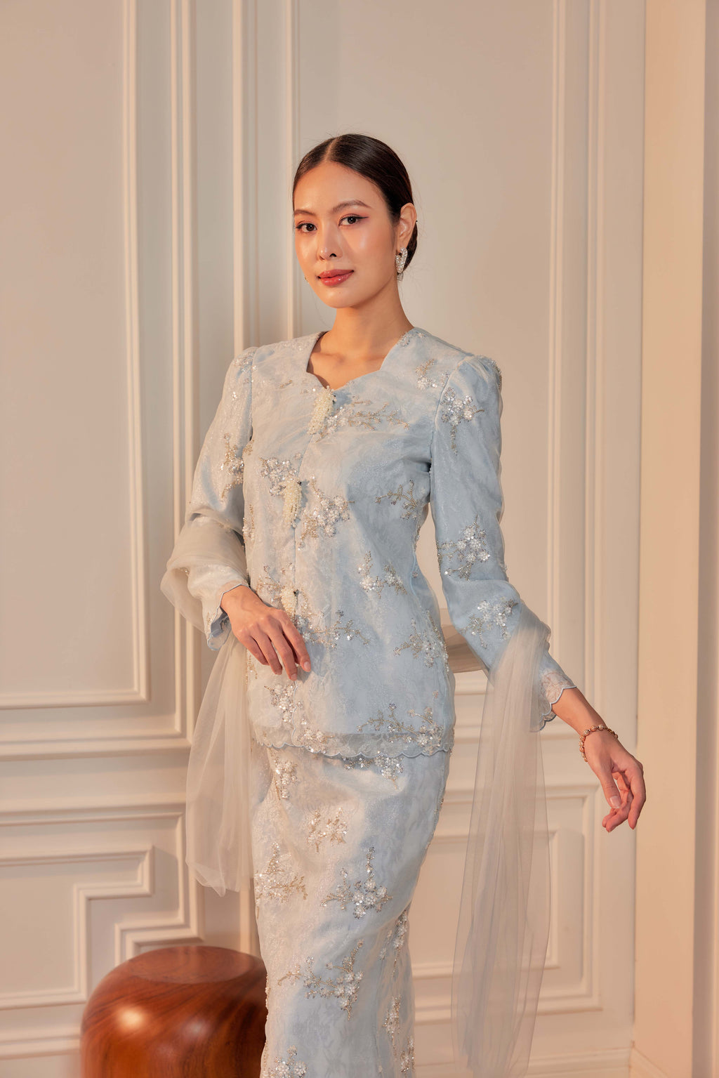 Ash Blue - Alaia Beaded Lace Kurung With Set of 3 Pearl Brooch (Fully Lined)