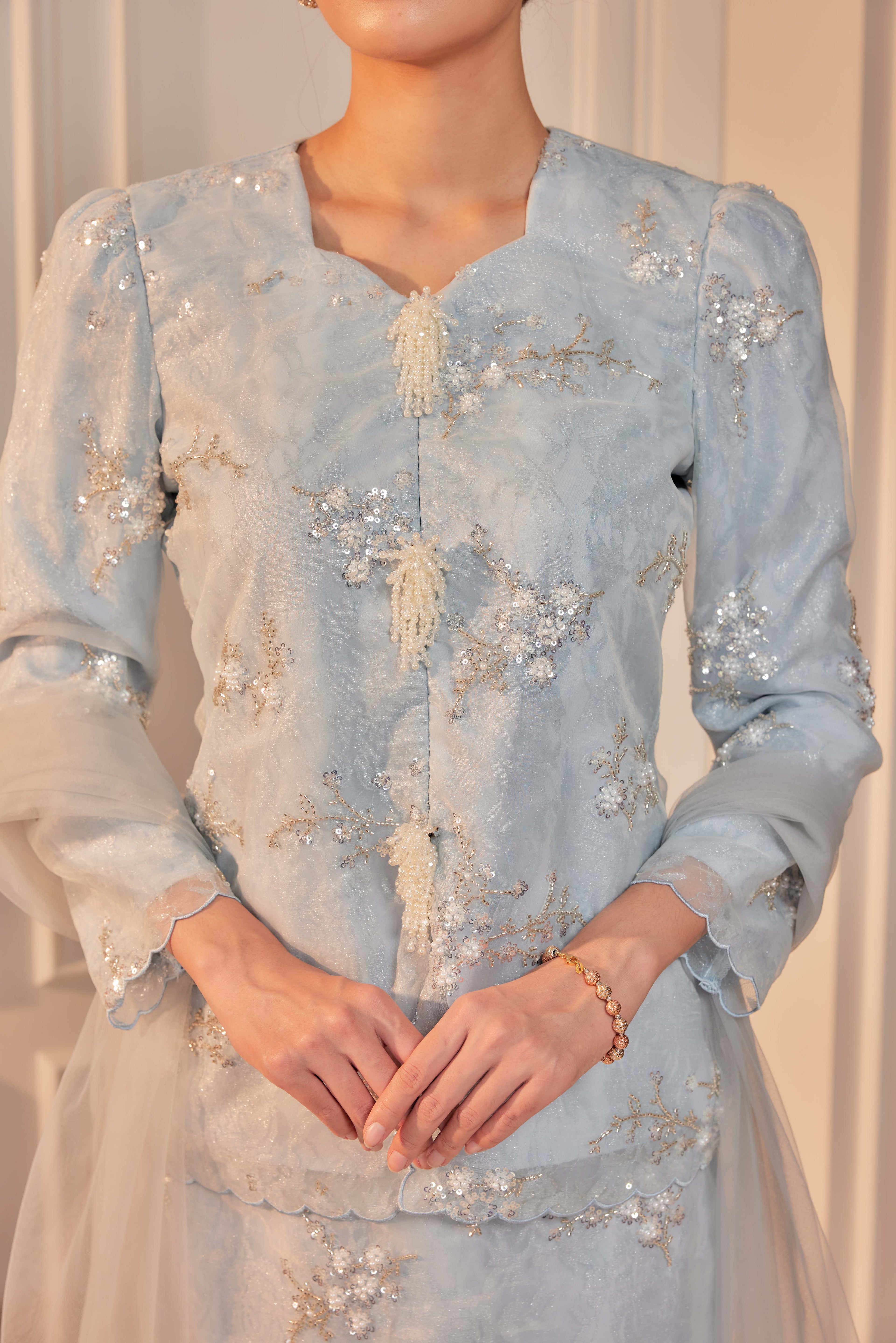 Ash Blue - Alaia Beaded Lace Kurung With Set of 3 Pearl Brooch (Fully Lined)