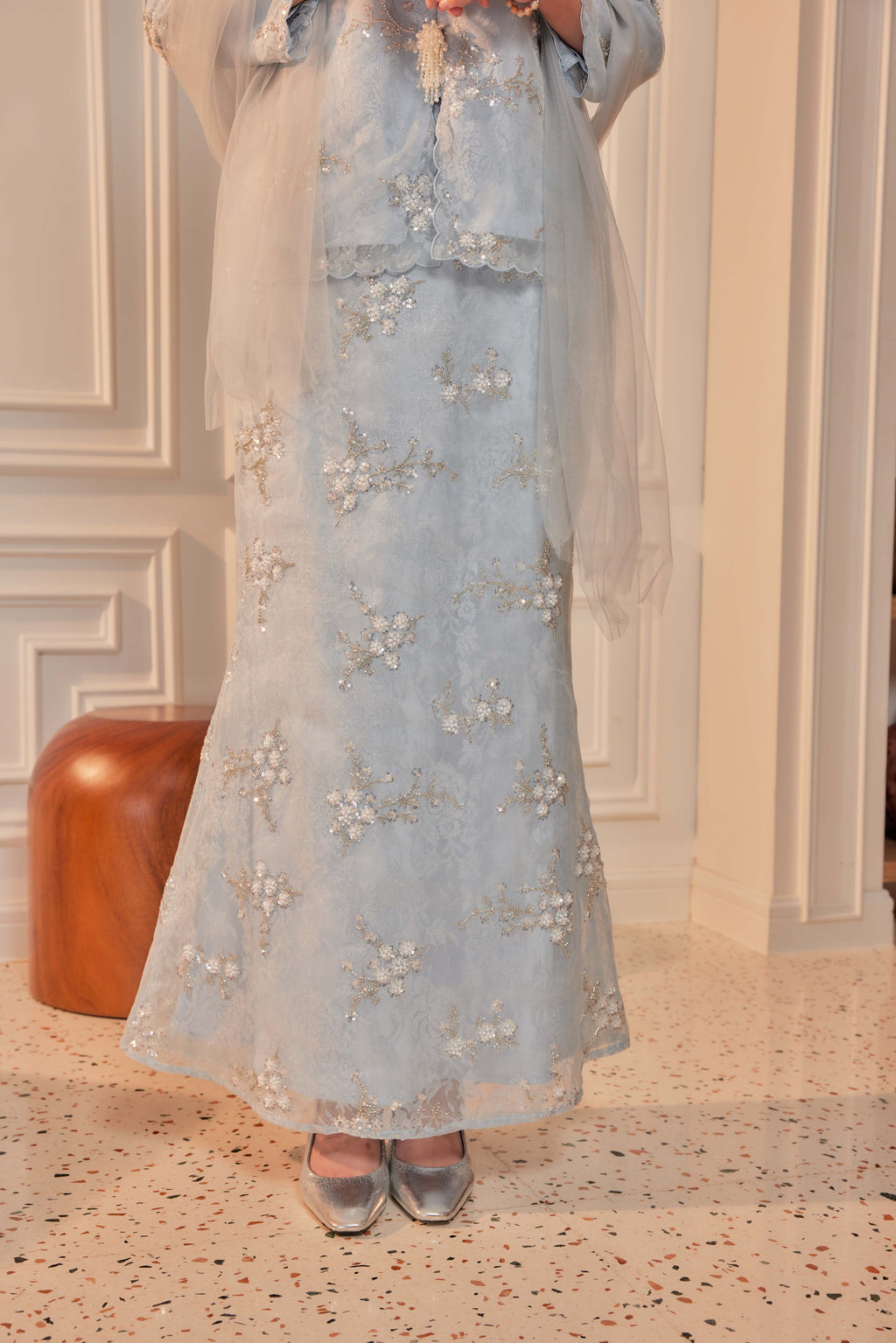 Ash Blue - Alaia Beaded Lace Kurung With Set of 3 Pearl Brooch (Fully Lined)