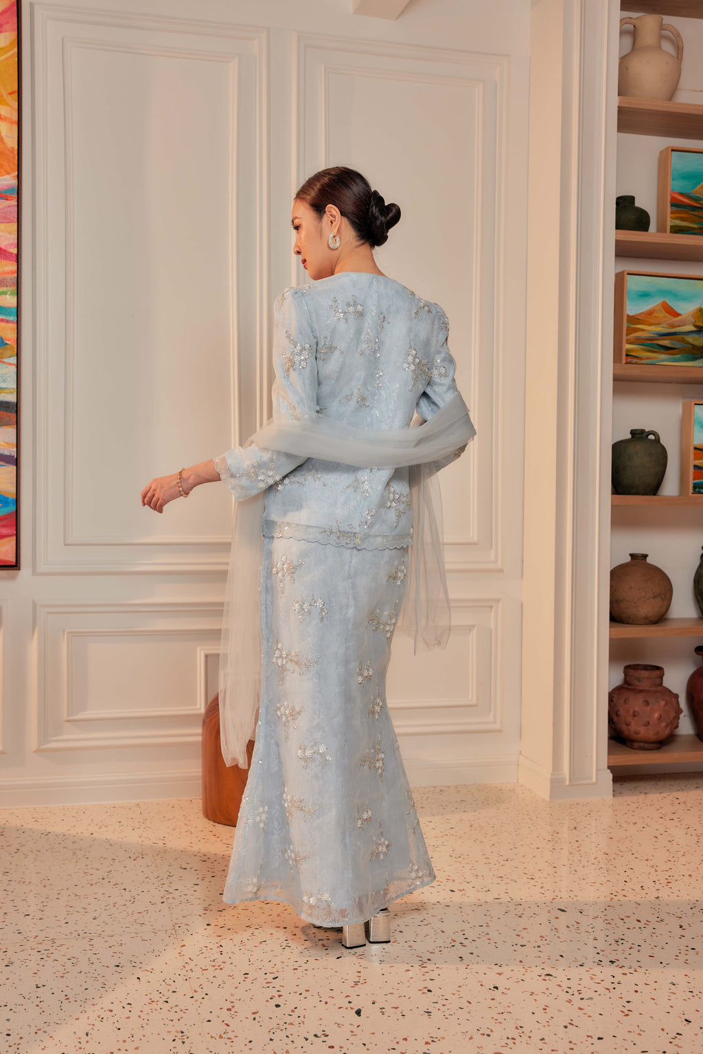 Ash Blue - Alaia Beaded Lace Kurung With Set of 3 Pearl Brooch (Fully Lined)