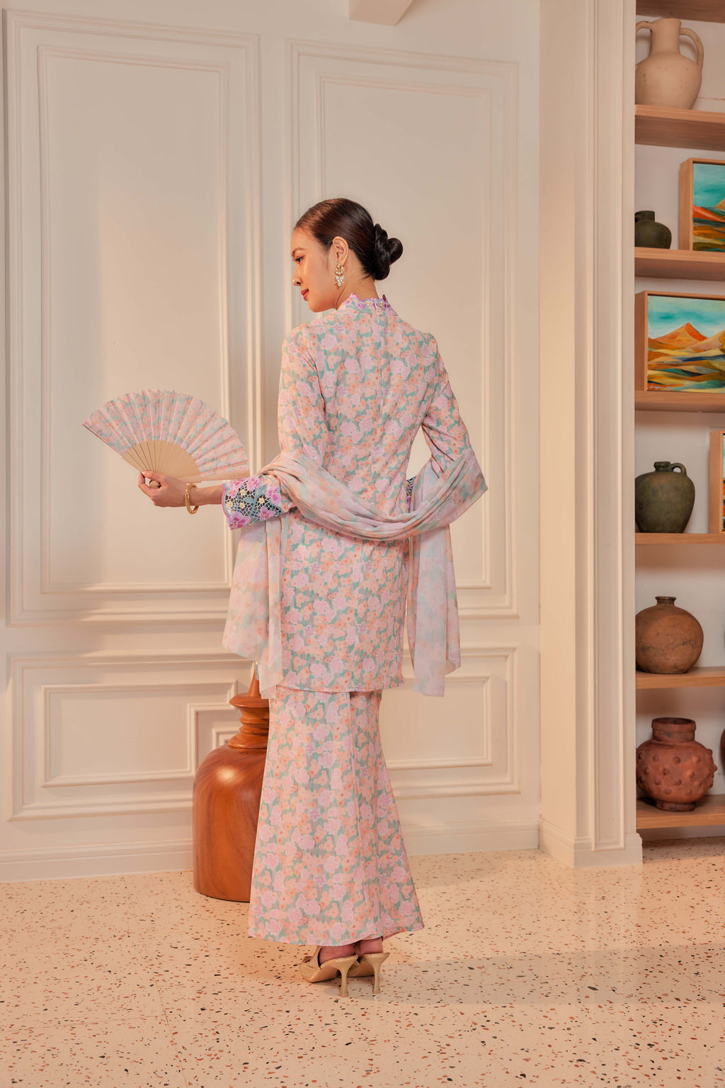 32 - Puspa Dewi - Kebaya Sulam Goyang Set With Matching Fan & Selendang [PREORDER]