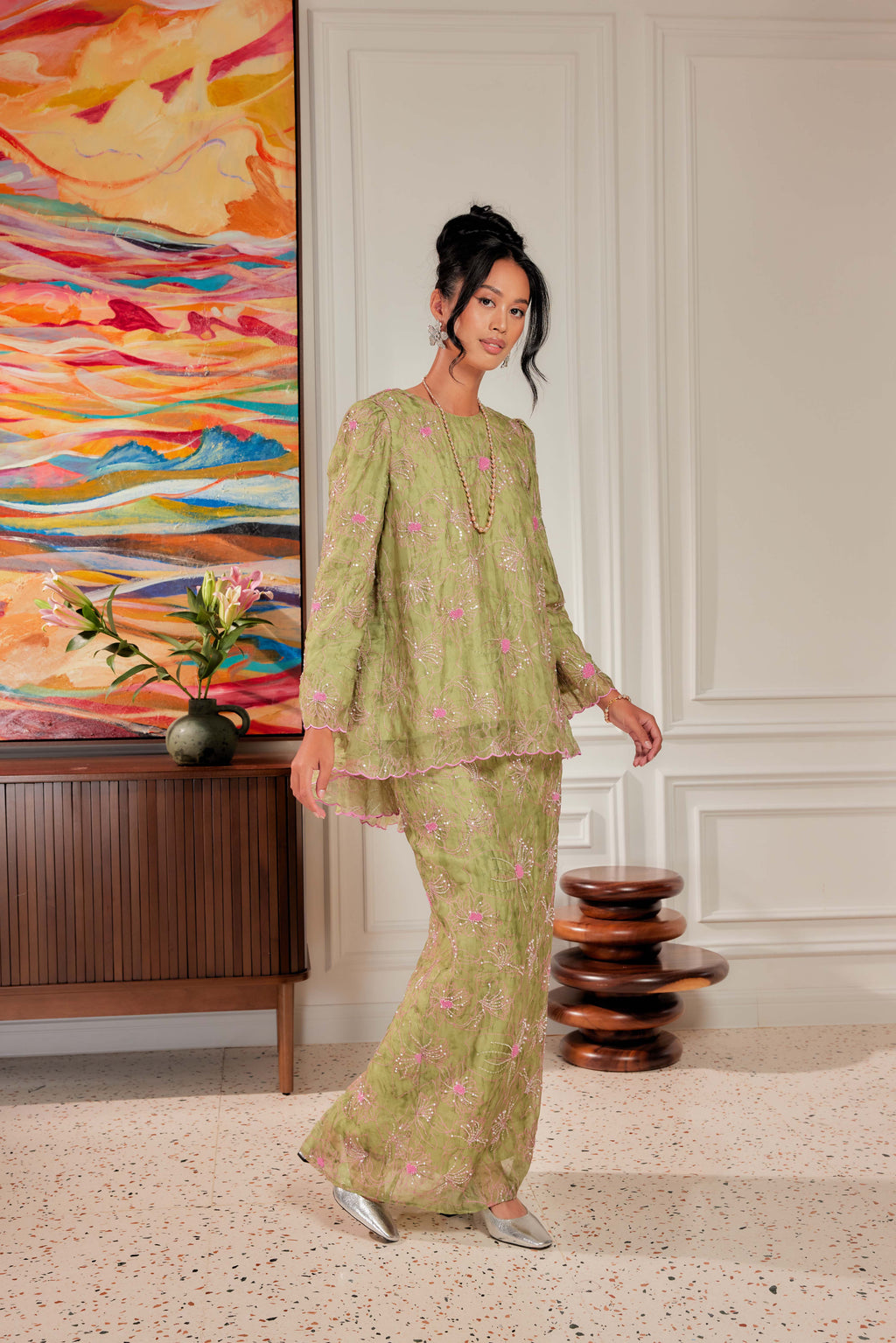 Strawberry Matcha - Nona Pearl Beaded Embellished Kurung (Fully Lined)