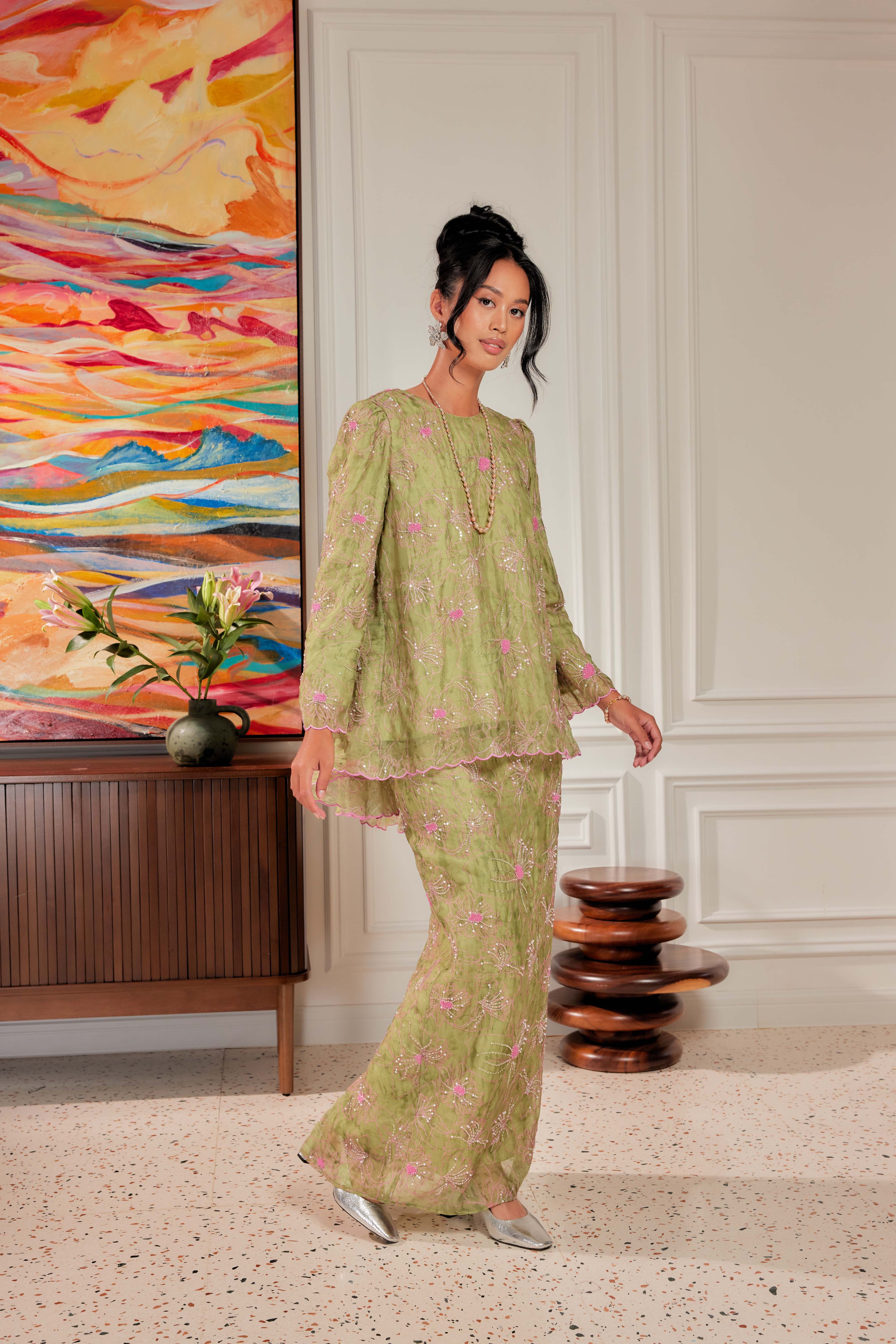 Strawberry Matcha - Nona Pearl Beaded Embellished Kurung (Fully Lined)