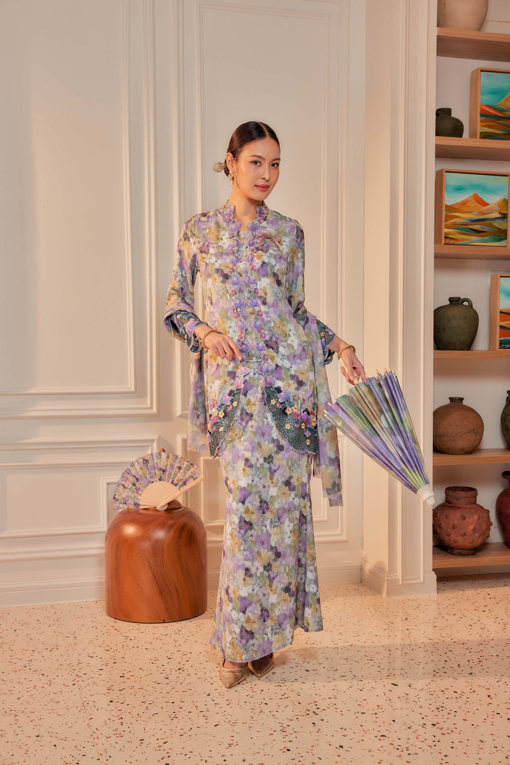 42 - Sundari Kenanga I - Kebaya Sulam Goyang Set With Matching Fan & Selendang [PREORDER]