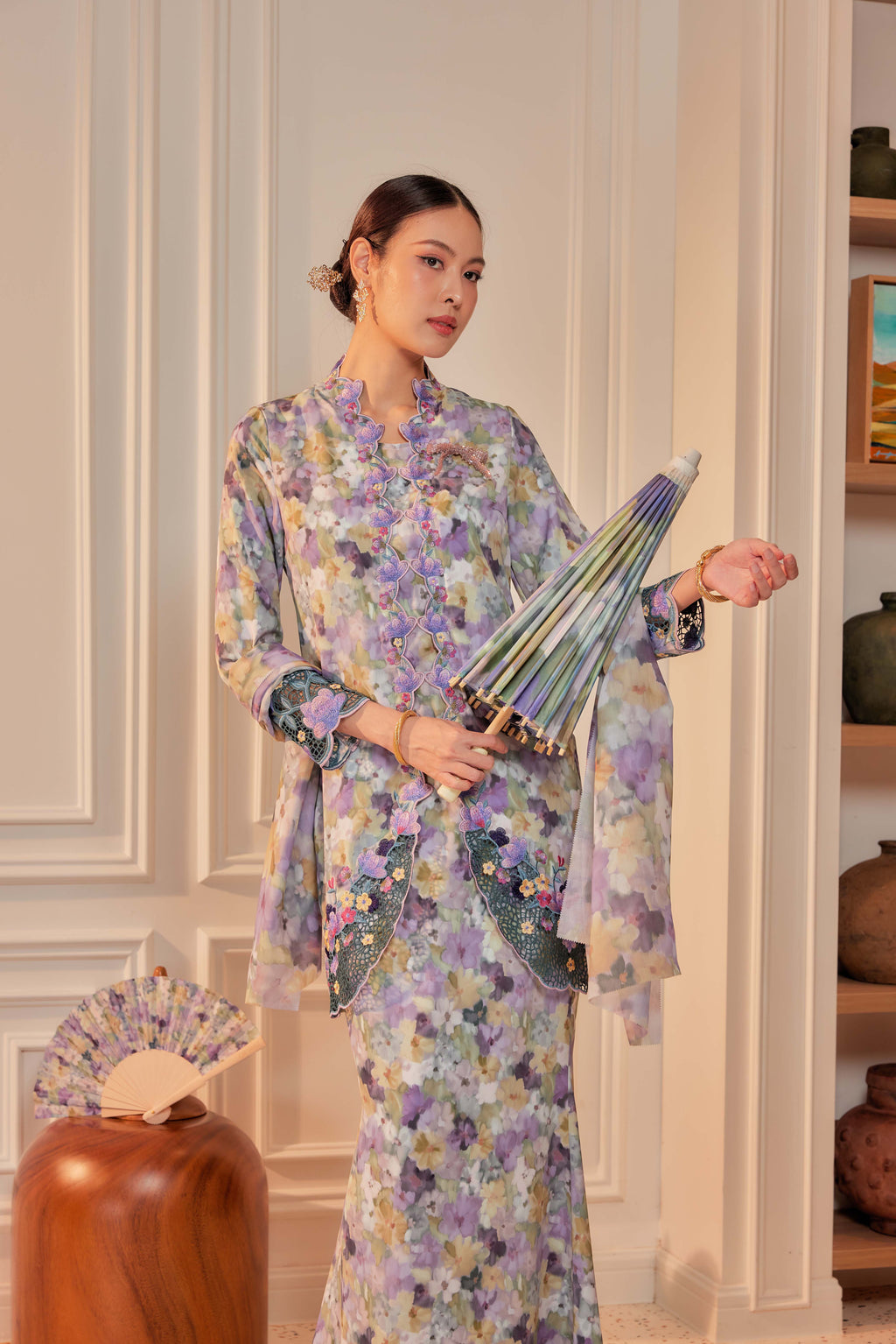 42 - Sundari Kenanga I - Kebaya Sulam Goyang Set With Matching Fan & Selendang [PREORDER]