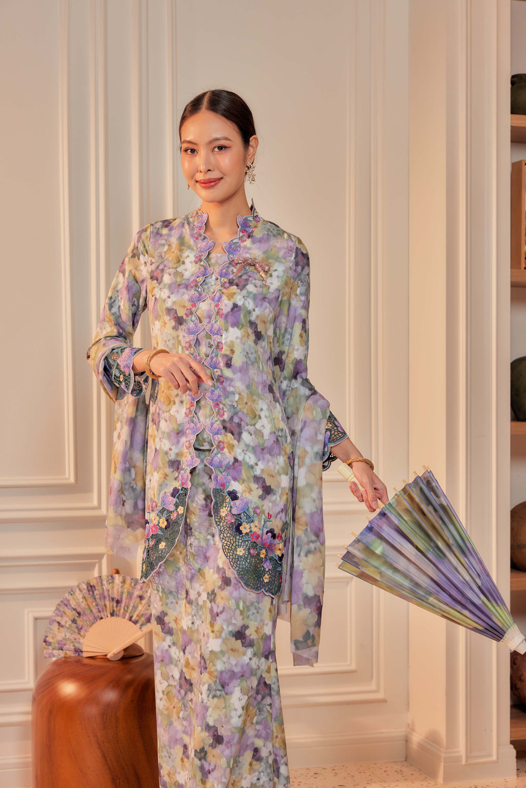 42 - Sundari Kenanga I - Kebaya Sulam Goyang Set With Matching Fan & Selendang [PREORDER]