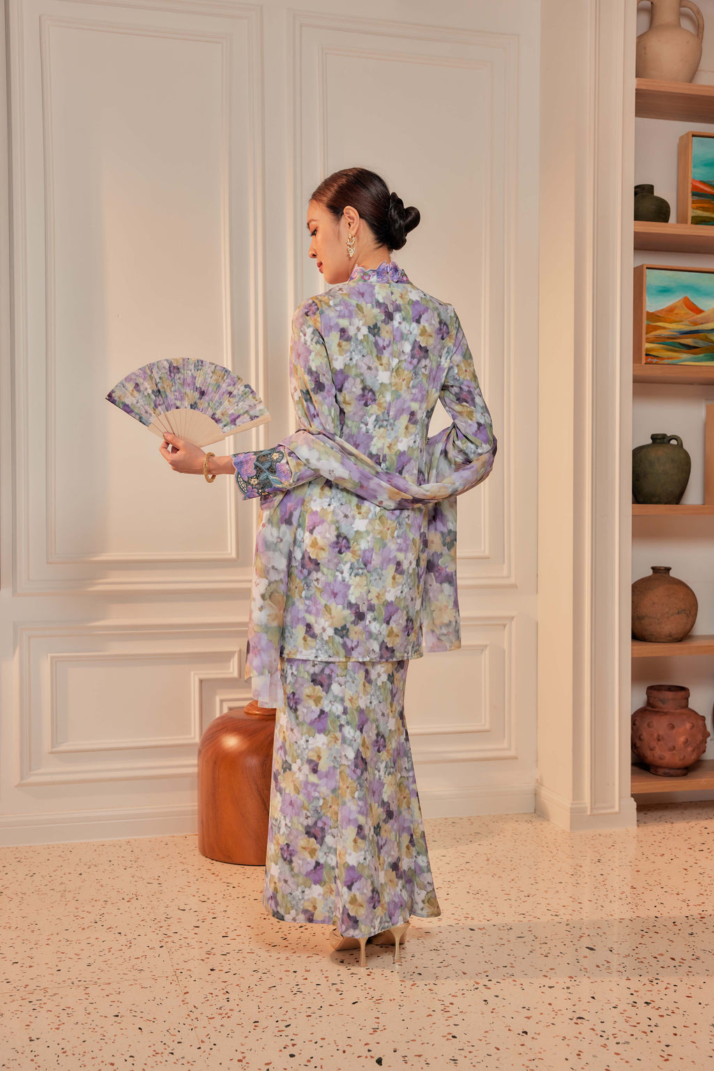 42 - Sundari Kenanga I - Kebaya Sulam Goyang Set With Matching Fan & Selendang [PREORDER]