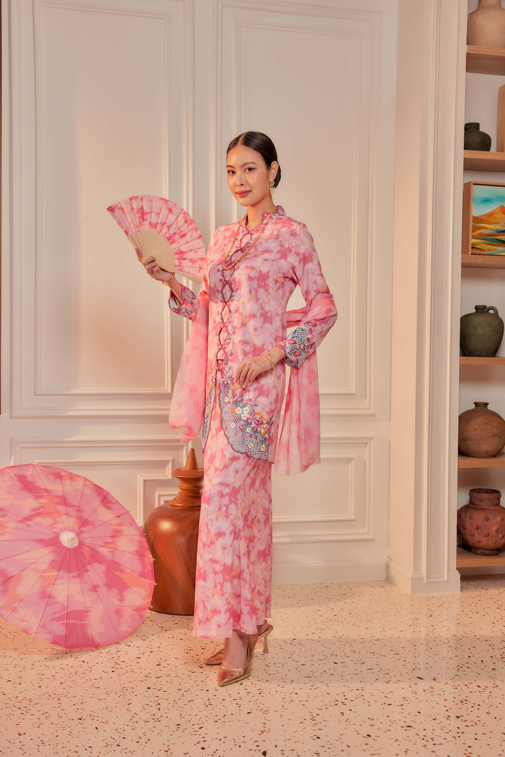 52 - Dewi Kemuning III - Kebaya Sulam Goyang Set With Matching Fan & Selendang [PREORDER]