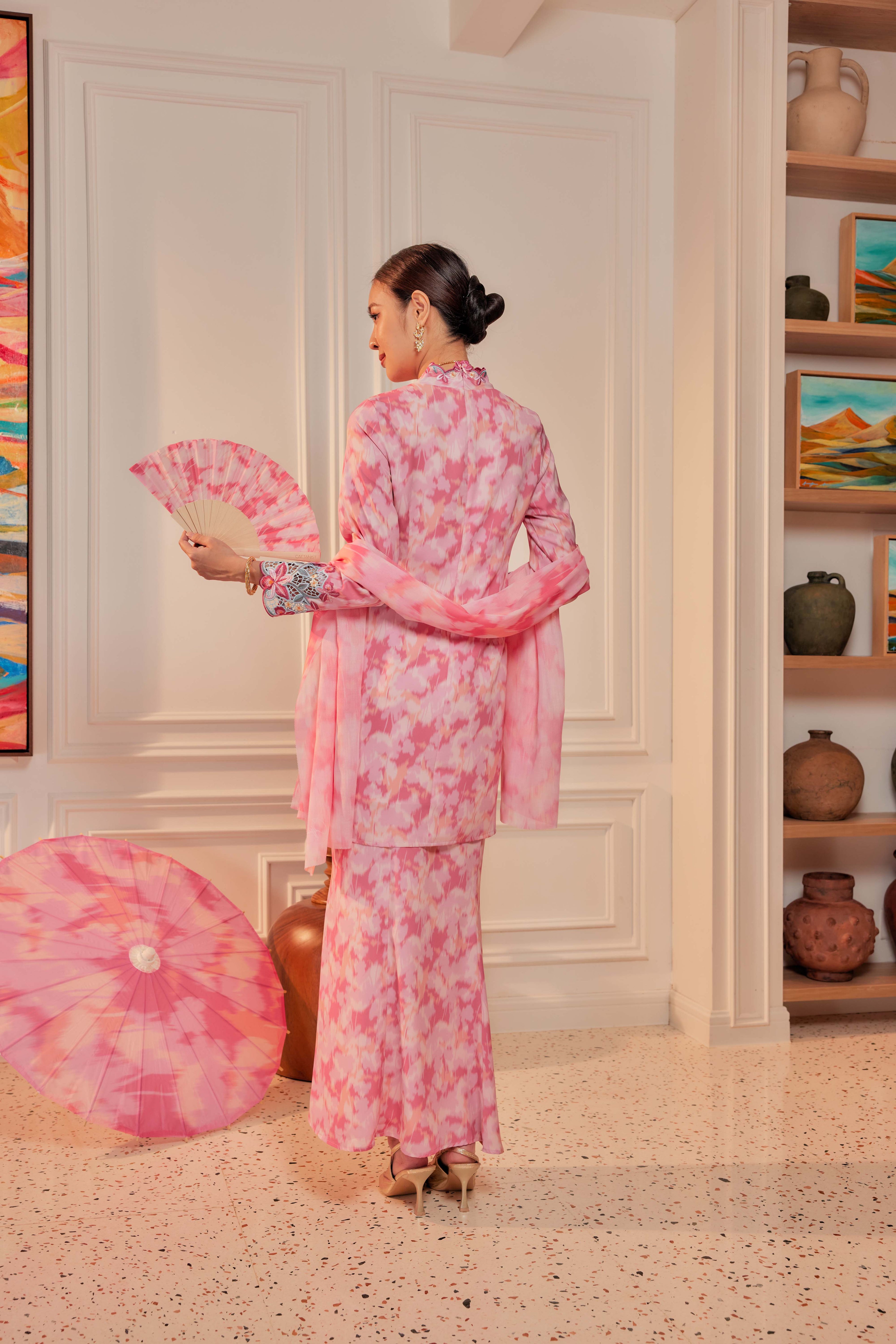 52 - Dewi Kemuning III - Kebaya Sulam Goyang Set With Matching Fan & Selendang [PREORDER]