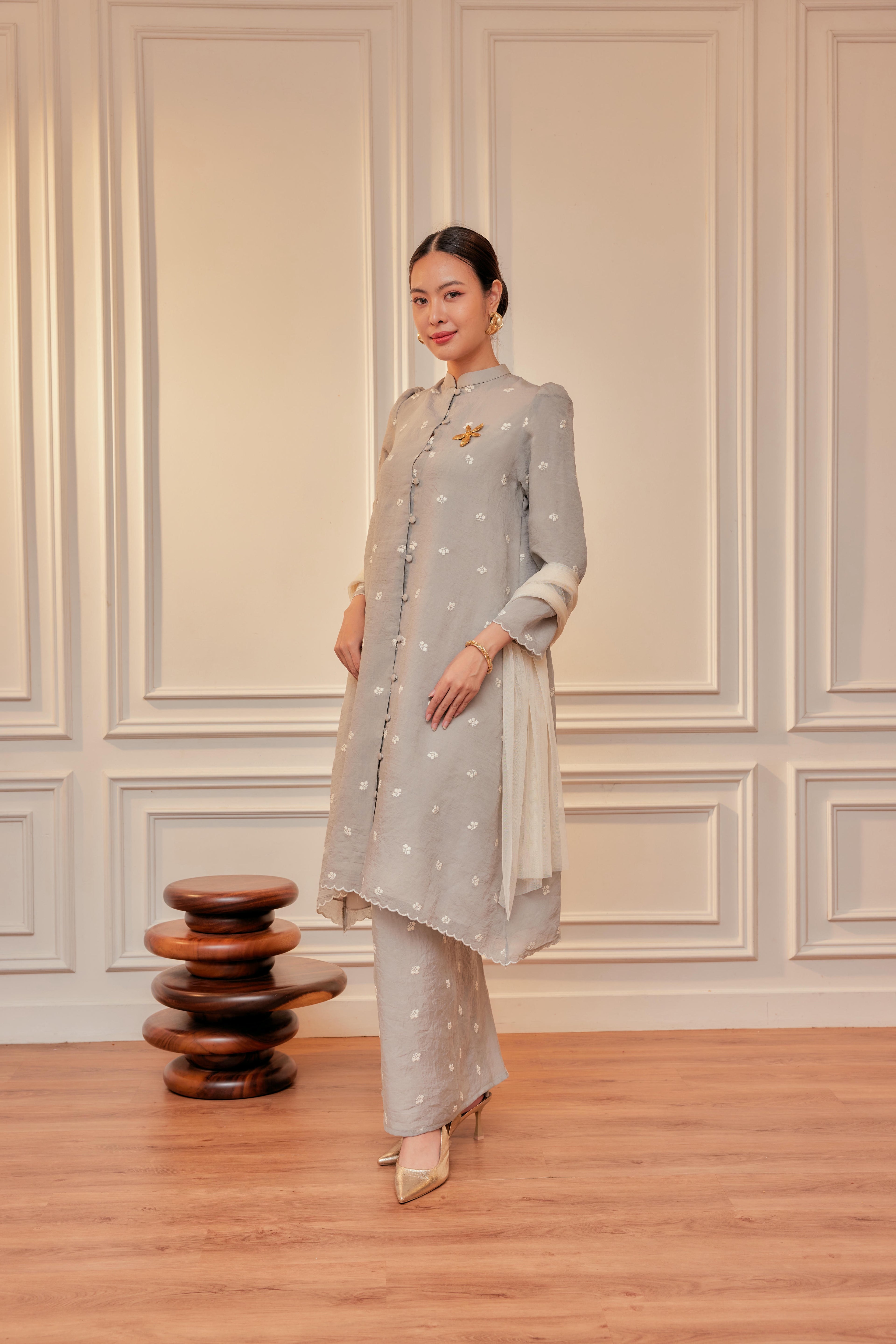 Dewita Floral Embroidered Kebarung with Front Buttons Set (Full Lining)