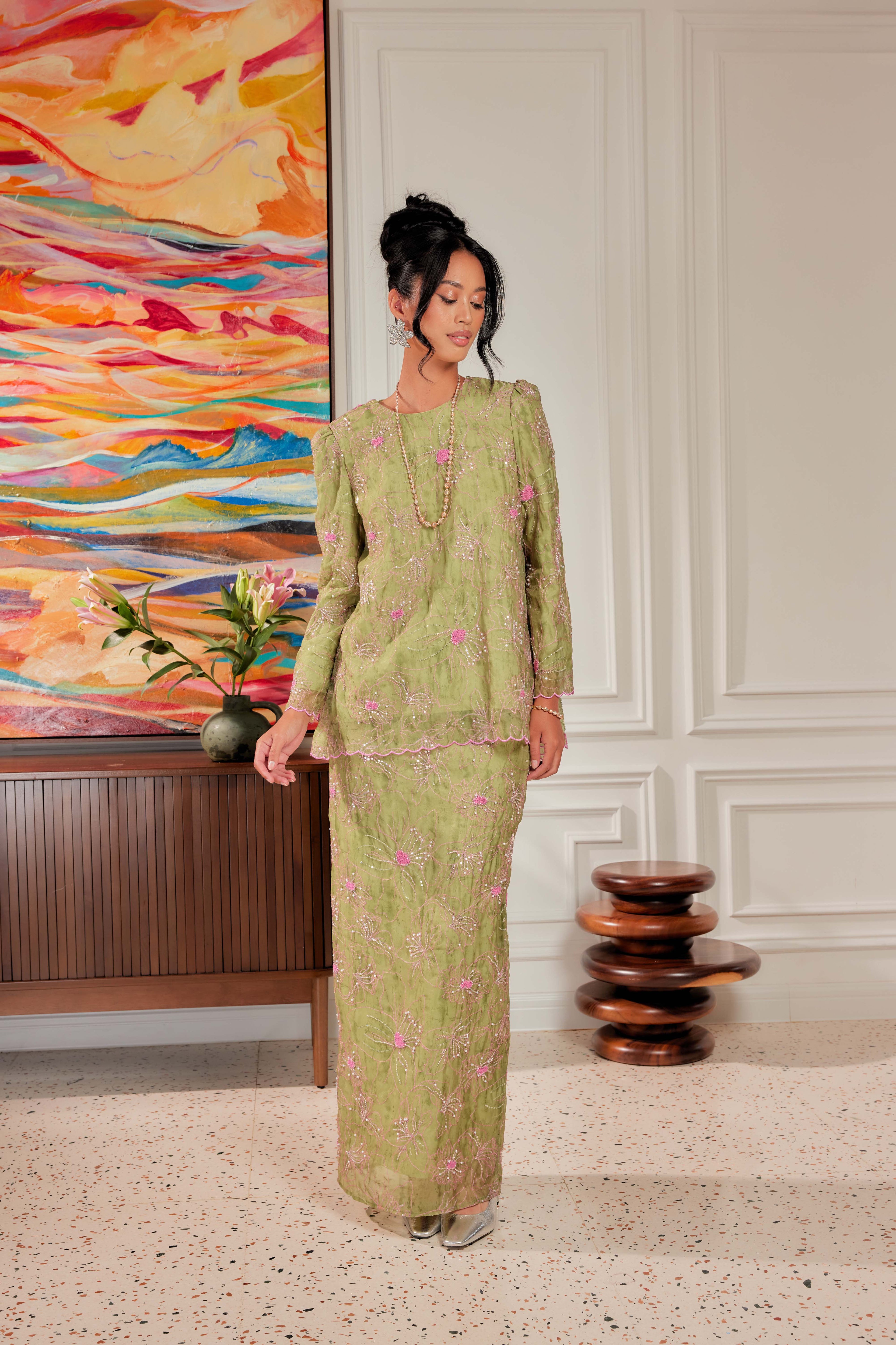 Strawberry Matcha - Nona Pearl Beaded Embellished Kurung (Fully Lined)