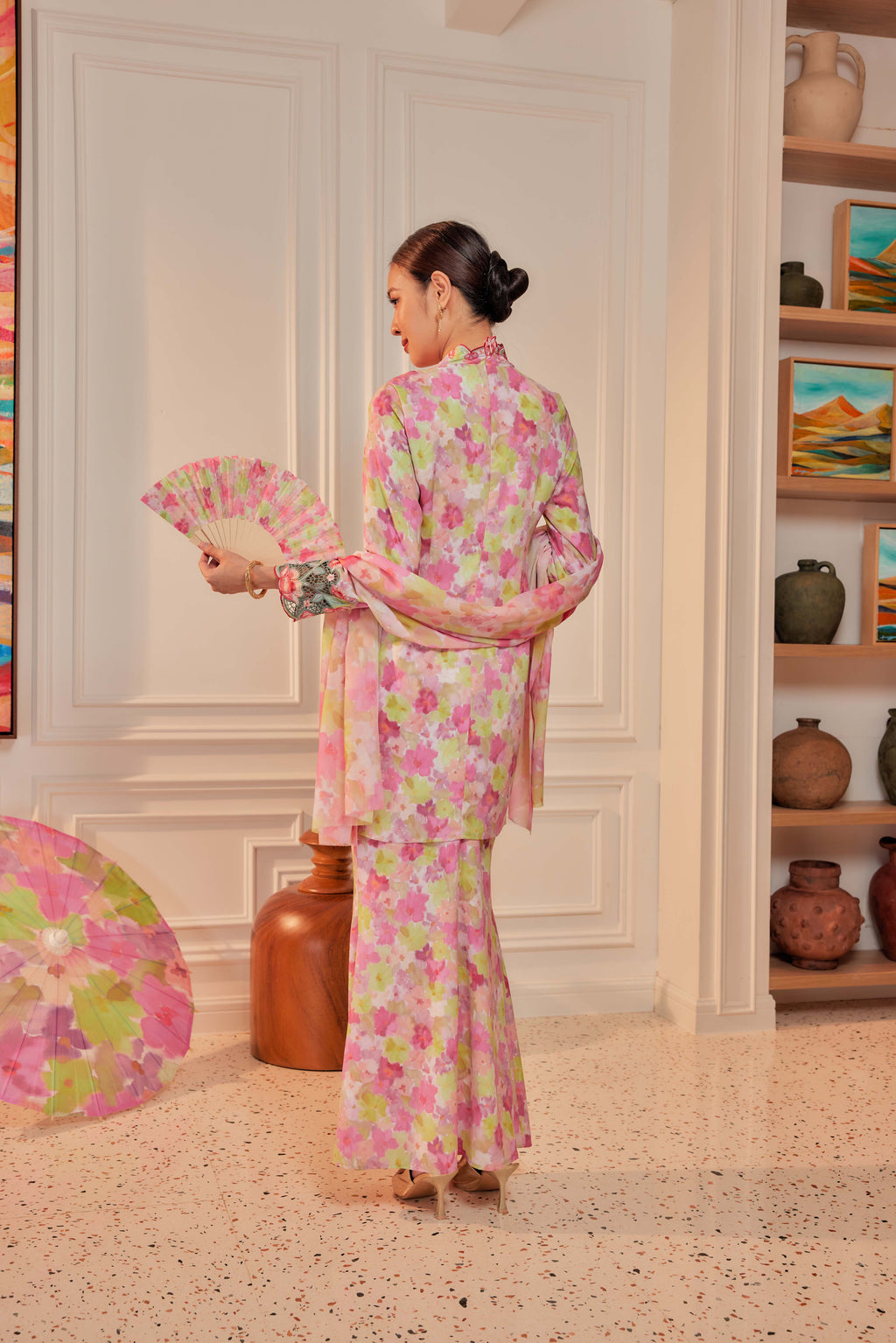 43 - Sundari Kenanga II - Kebaya Sulam Goyang Set With Matching Fan & Selendang [PREORDER]