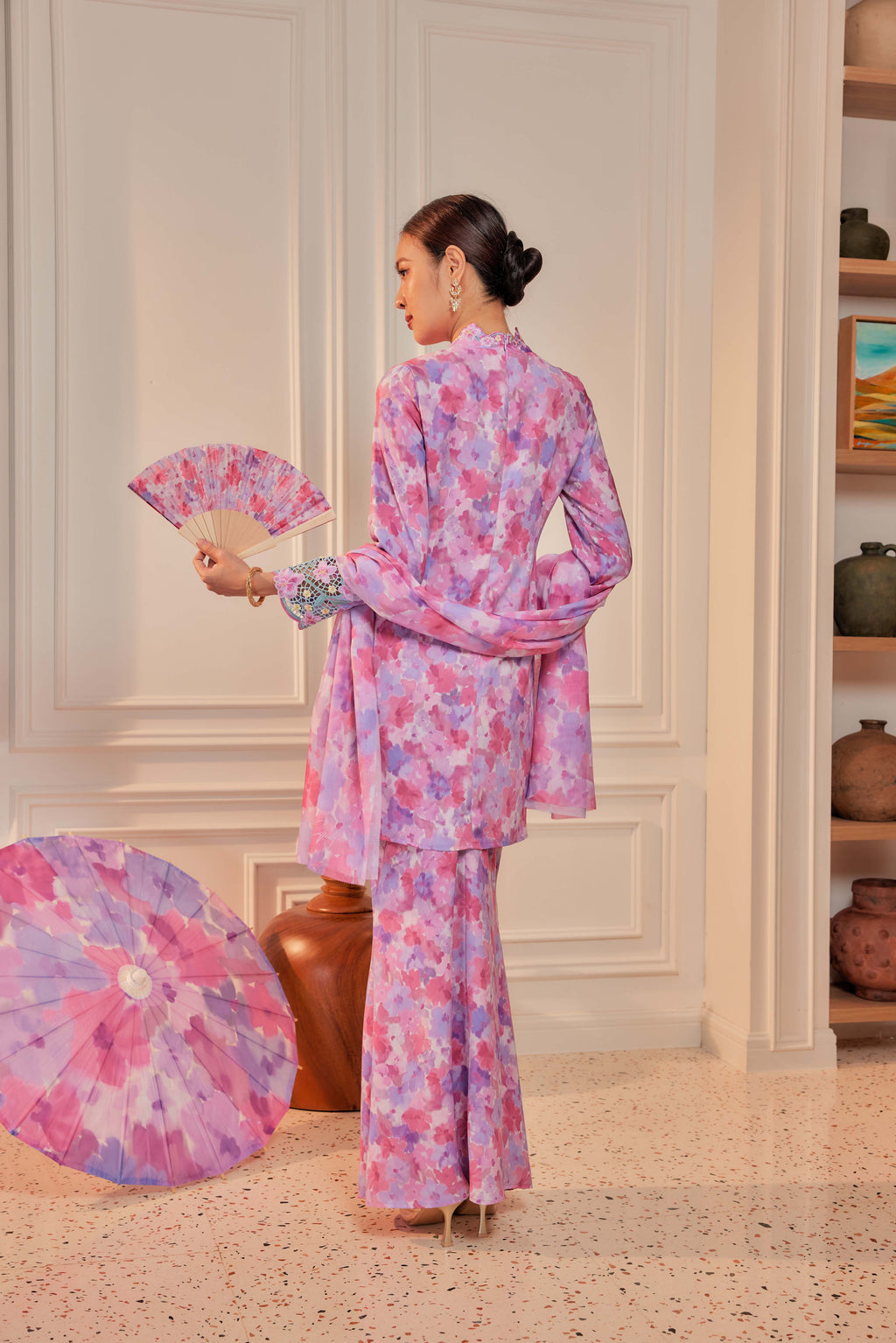 45 - Sundari Kenanga IV - Kebaya Sulam Goyang Set With Matching Fan & Selendang [PREORDER]