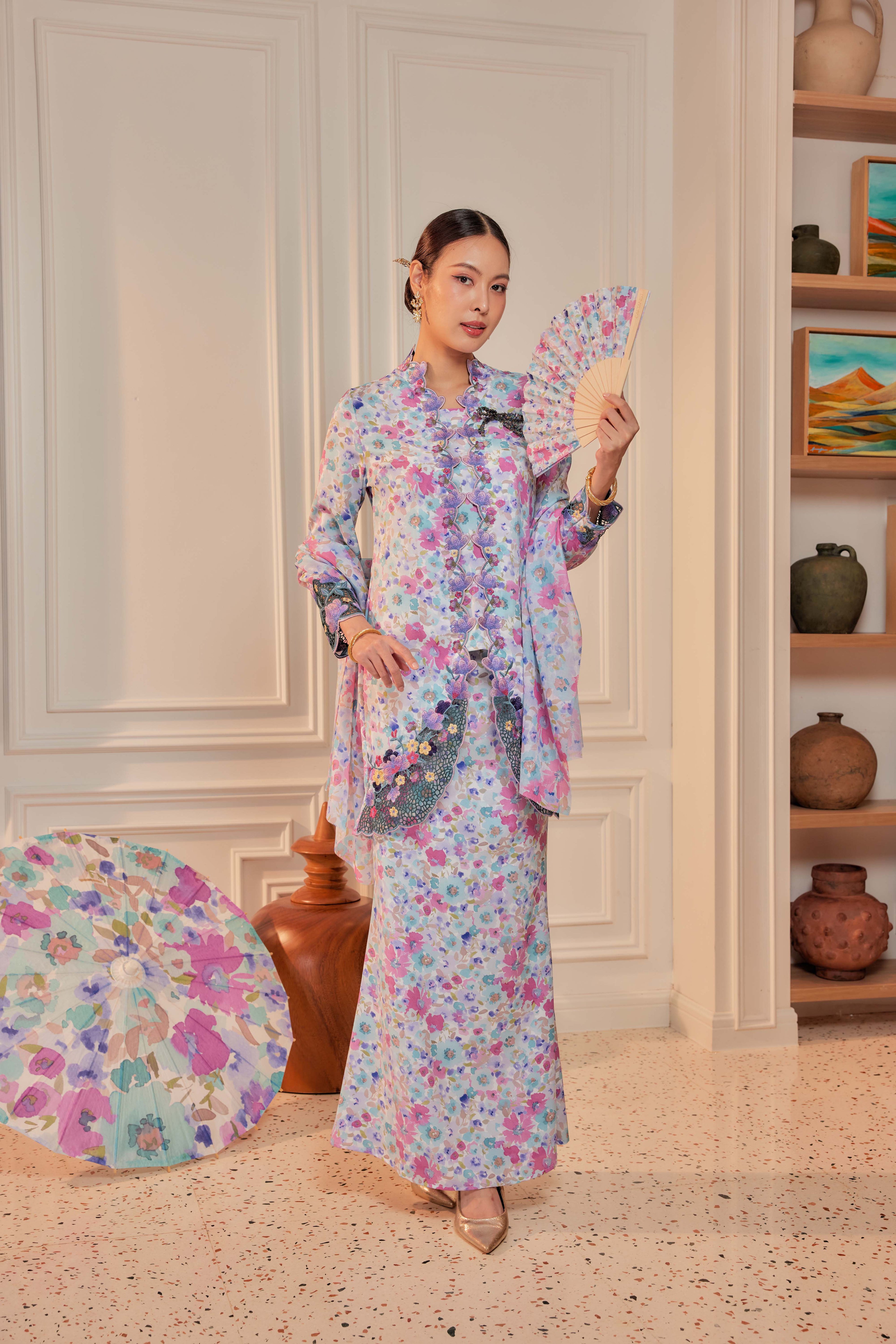 40 - Indah Sekarjati I - Kebaya Sulam Goyang Set With Matching Fan & Selendang [PREORDER]