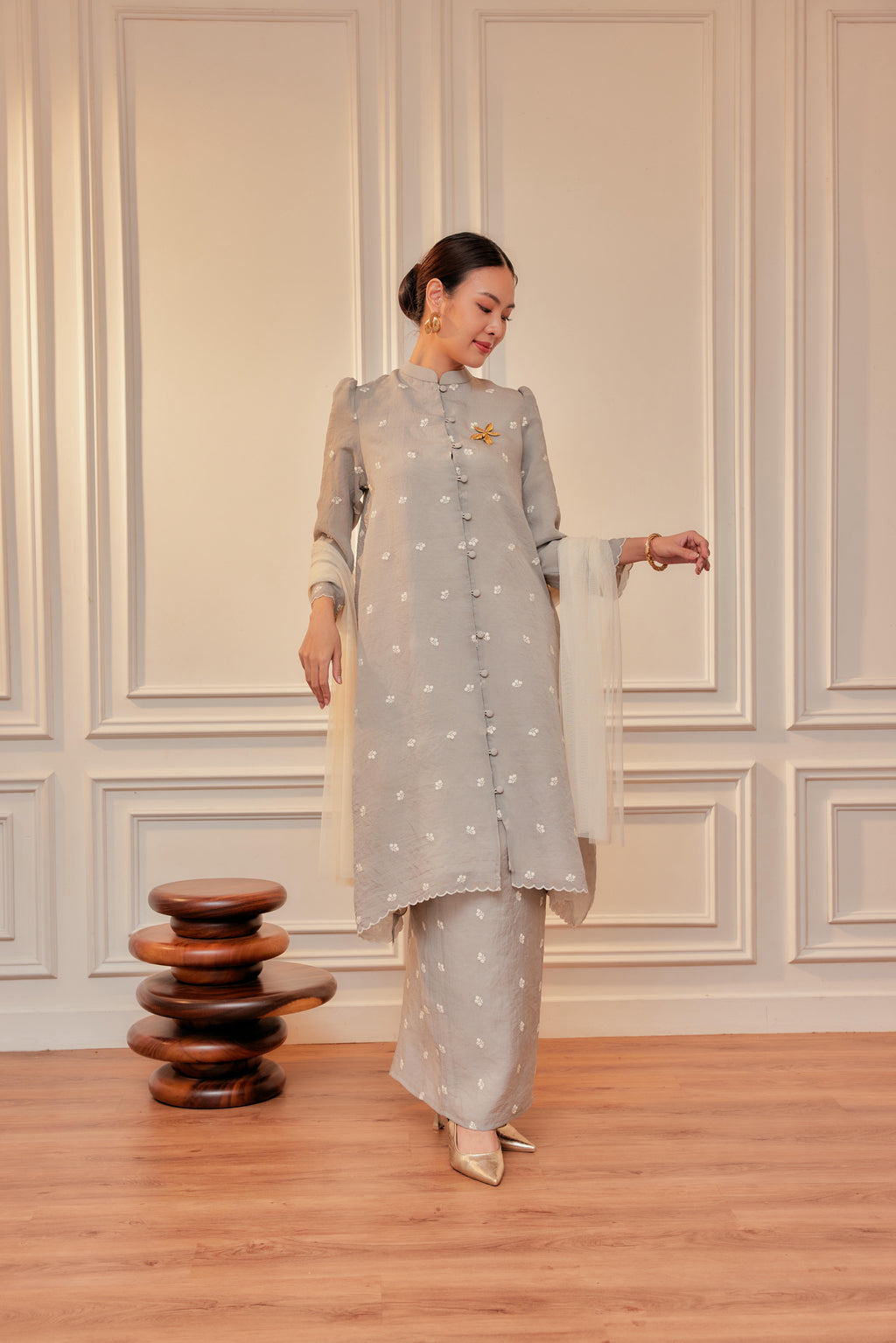 Dewita Floral Embroidered Kebarung with Front Buttons Set (Full Lining)