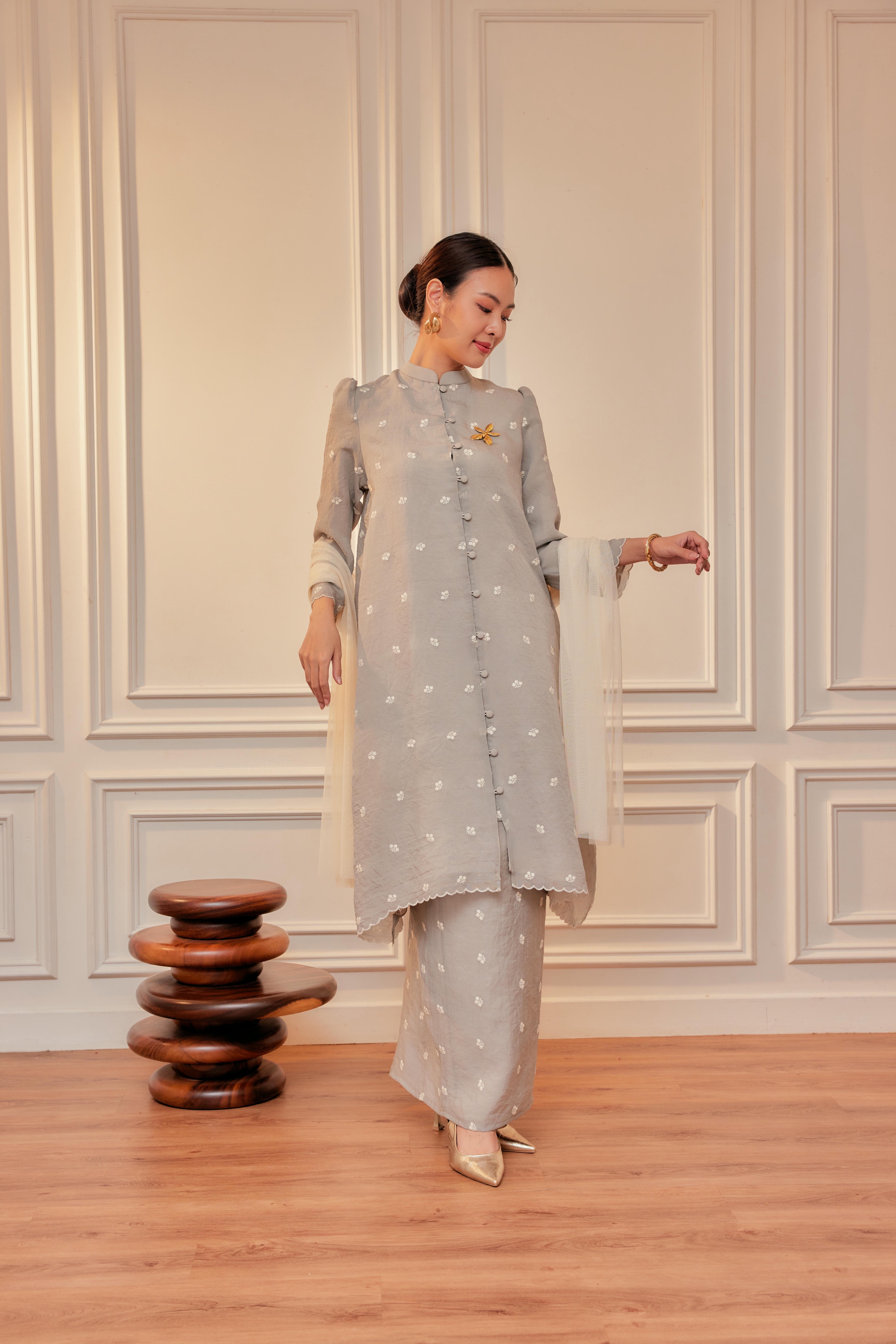 Dewita Floral Embroidered Kebarung with Front Buttons Set (Full Lining)