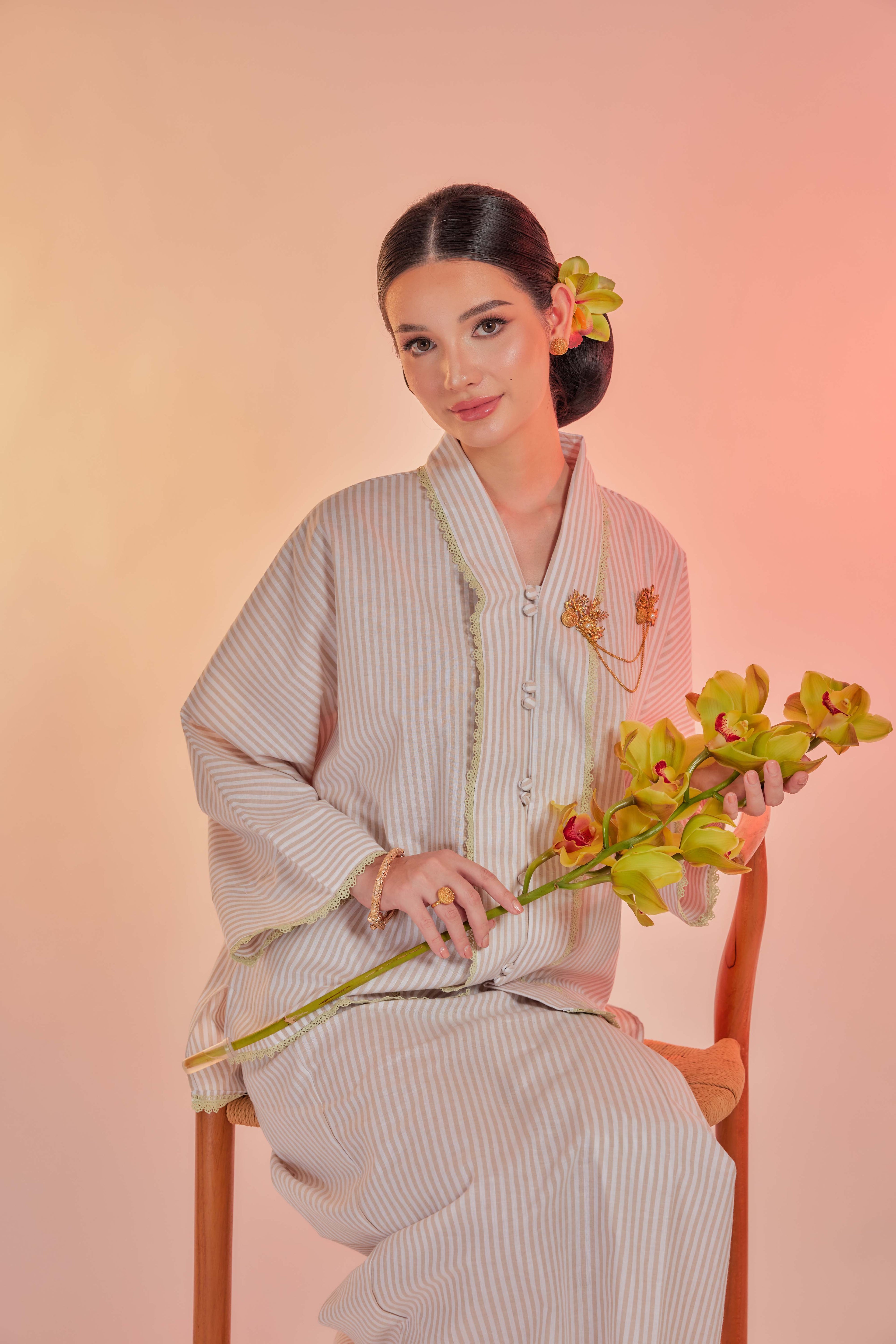 Kapuk-Orked Cotton Striped Kebaya with Lace Trim Set