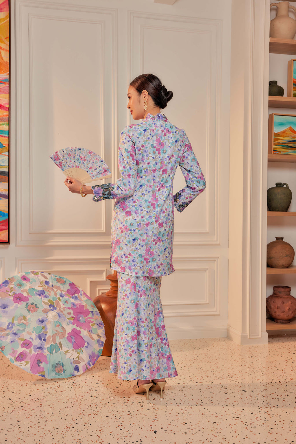 40 - Indah Sekarjati I - Kebaya Sulam Goyang Set With Matching Fan & Selendang [PREORDER]