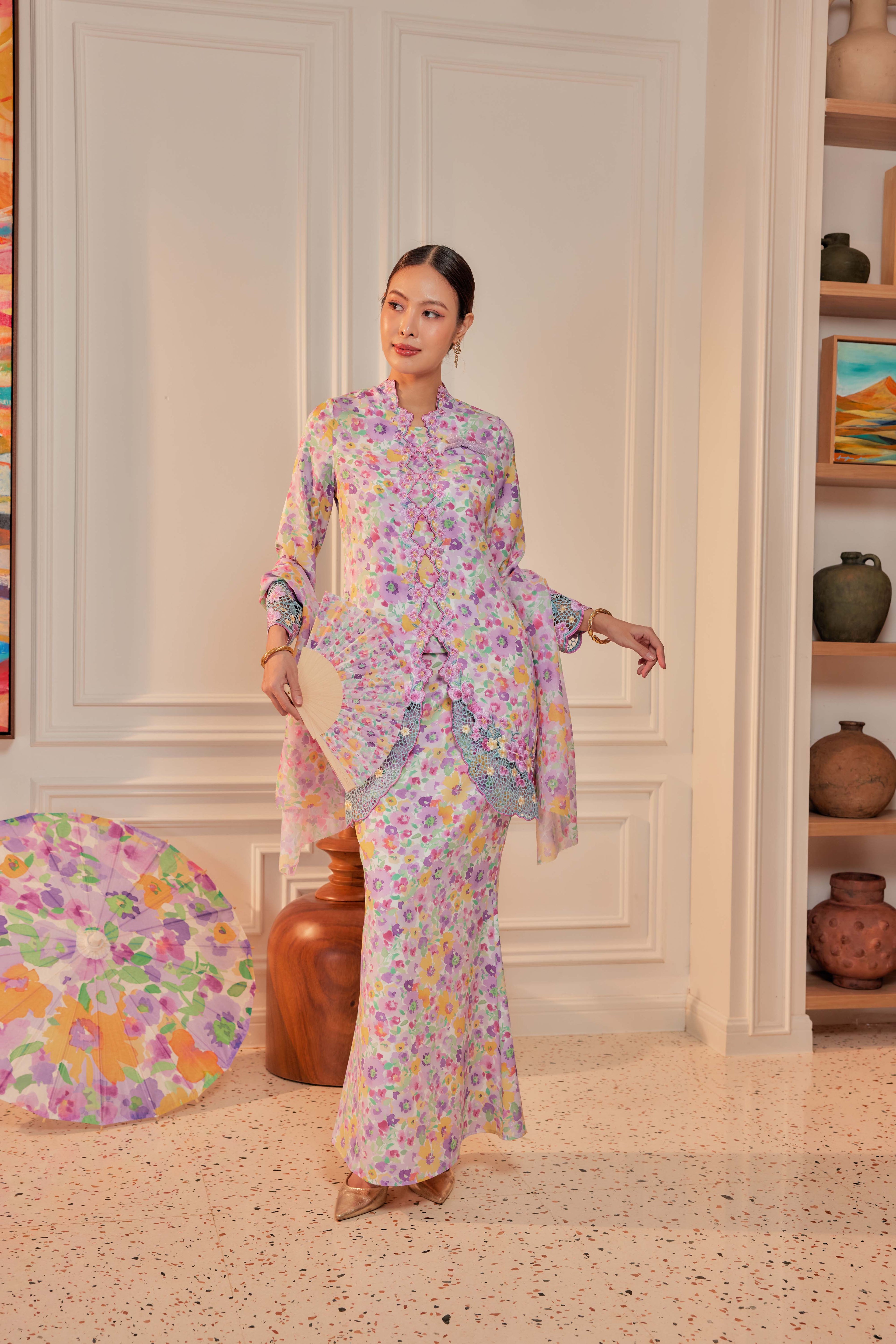 41 - Indah Sekarjati II - Kebaya Sulam Goyang Set With Matching Fan & Selendang [PREORDER]
