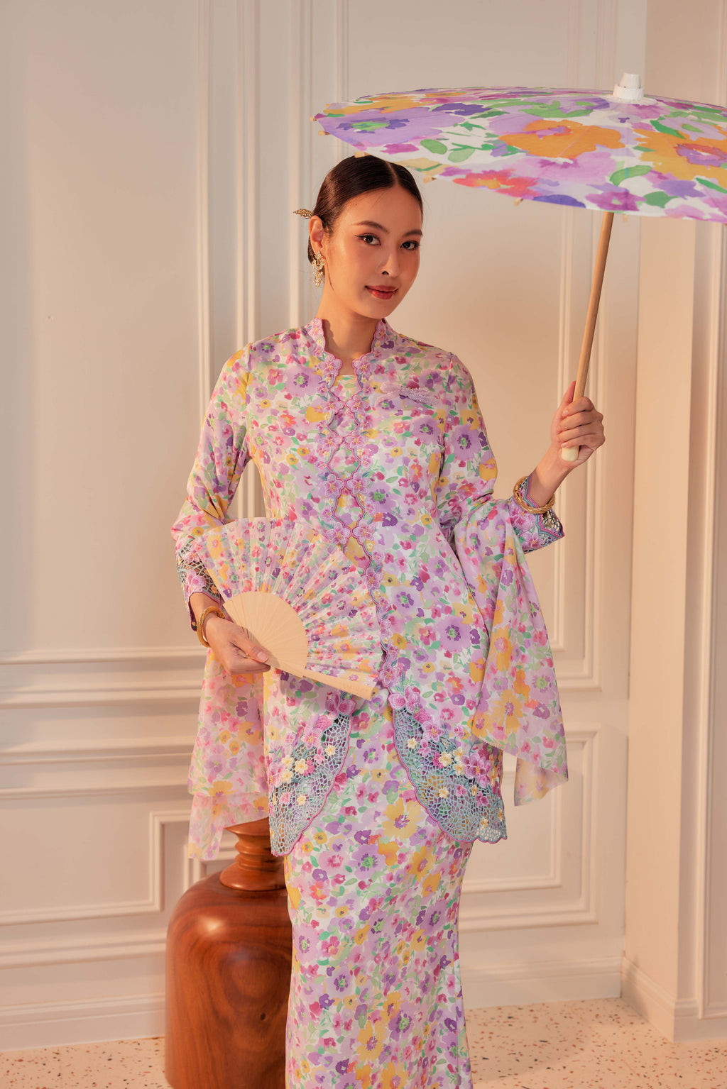 41 - Indah Sekarjati II - Kebaya Sulam Goyang Set With Matching Fan & Selendang [PREORDER]