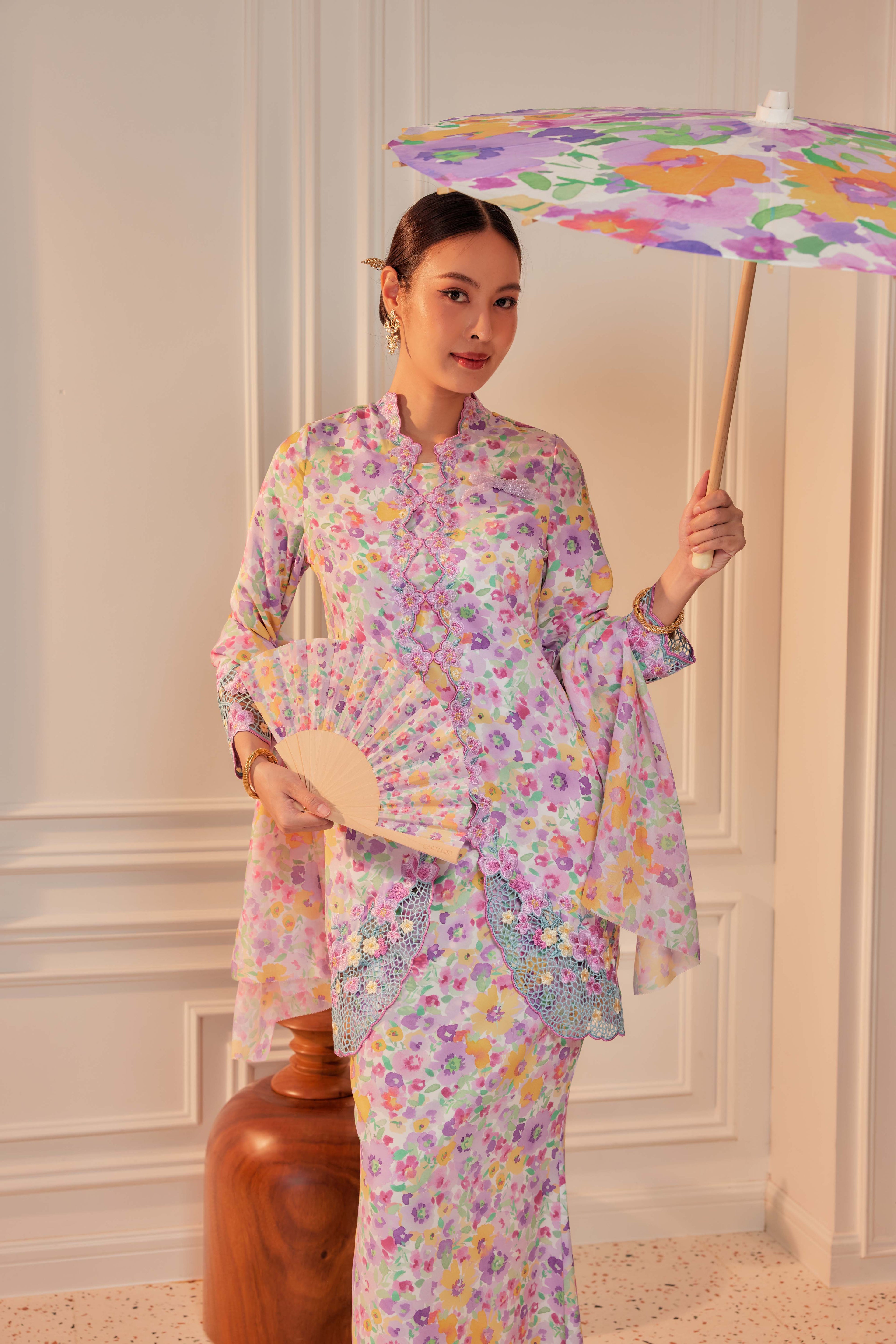 41 - Indah Sekarjati II - Kebaya Sulam Goyang Set With Matching Fan & Selendang [PREORDER]