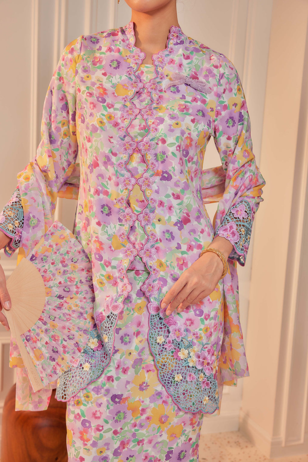 41 - Indah Sekarjati II - Kebaya Sulam Goyang Set With Matching Fan & Selendang [PREORDER]