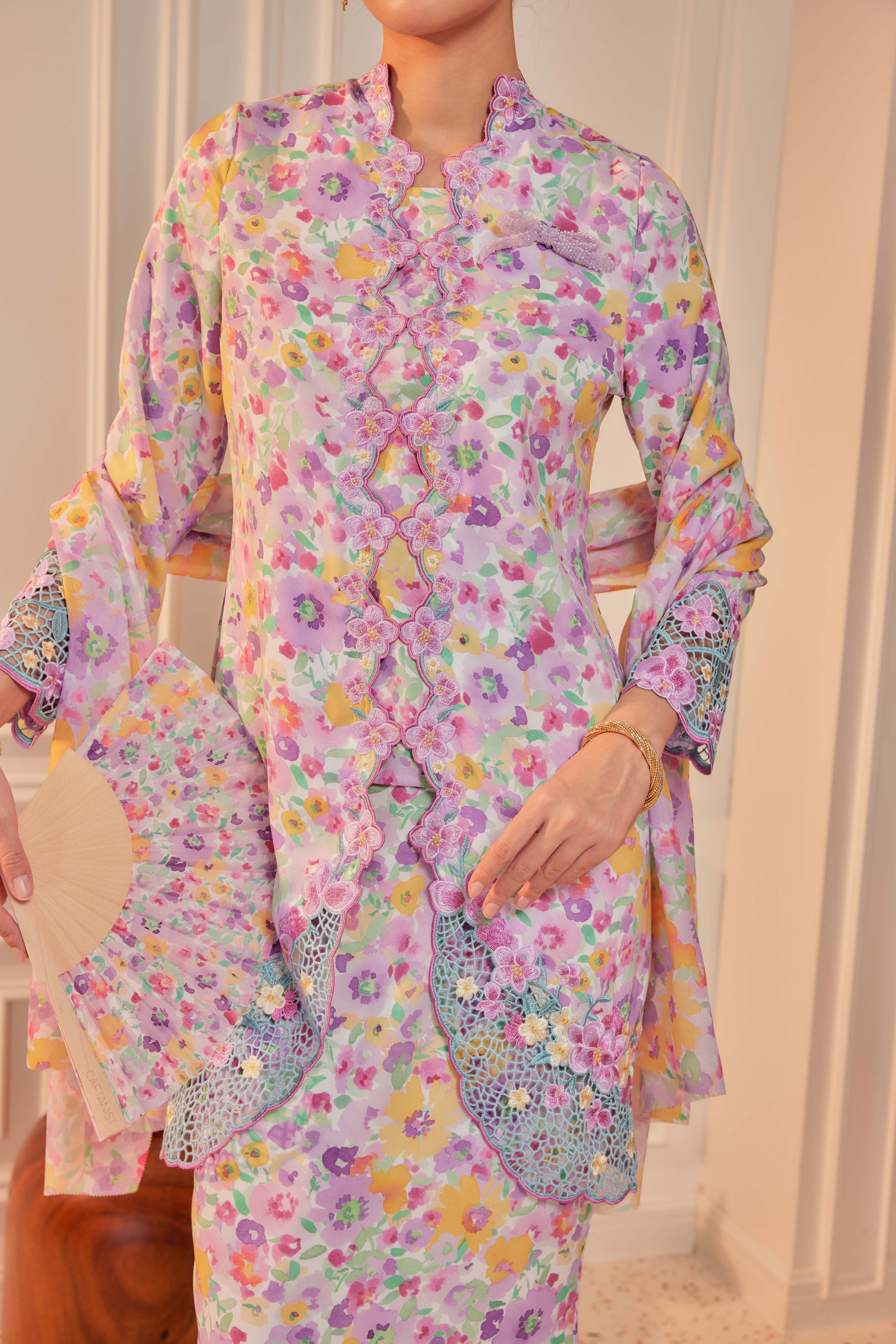 41 - Indah Sekarjati II - Kebaya Sulam Goyang Set With Matching Fan & Selendang [PREORDER]